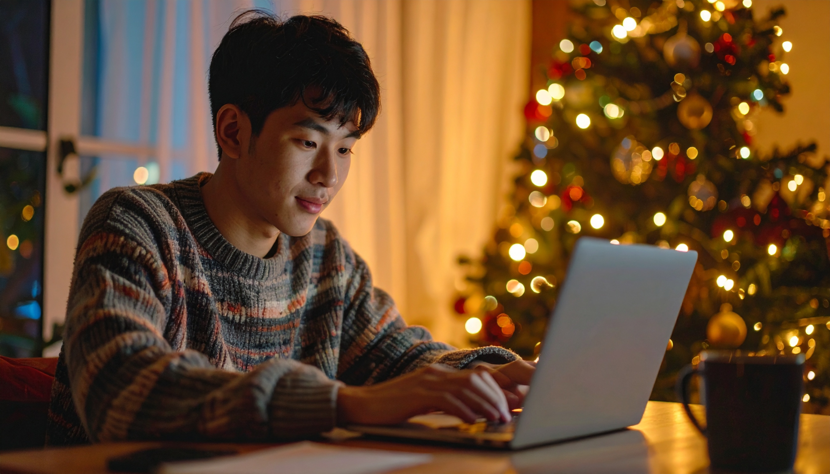 Homem jovem em suéter listrado digita em um laptop iluminado por luzes de Natal ao fundo, criando um ambiente acolhedor e festivo. A iluminação suave e quente realça a árvore de Natal decorada, enquanto o foco suave destaca a concentração do jovem na tela, sugerindo um momento de trabalho ou estudo em casa durante as férias.