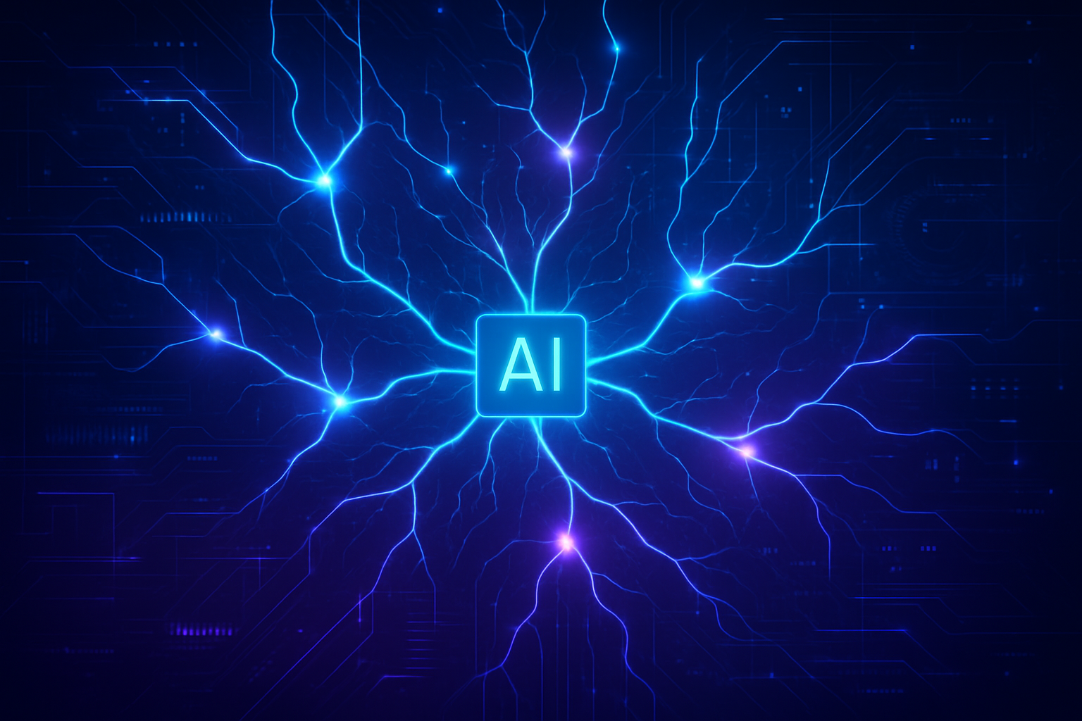 Bright blue neural network emanating from AI core