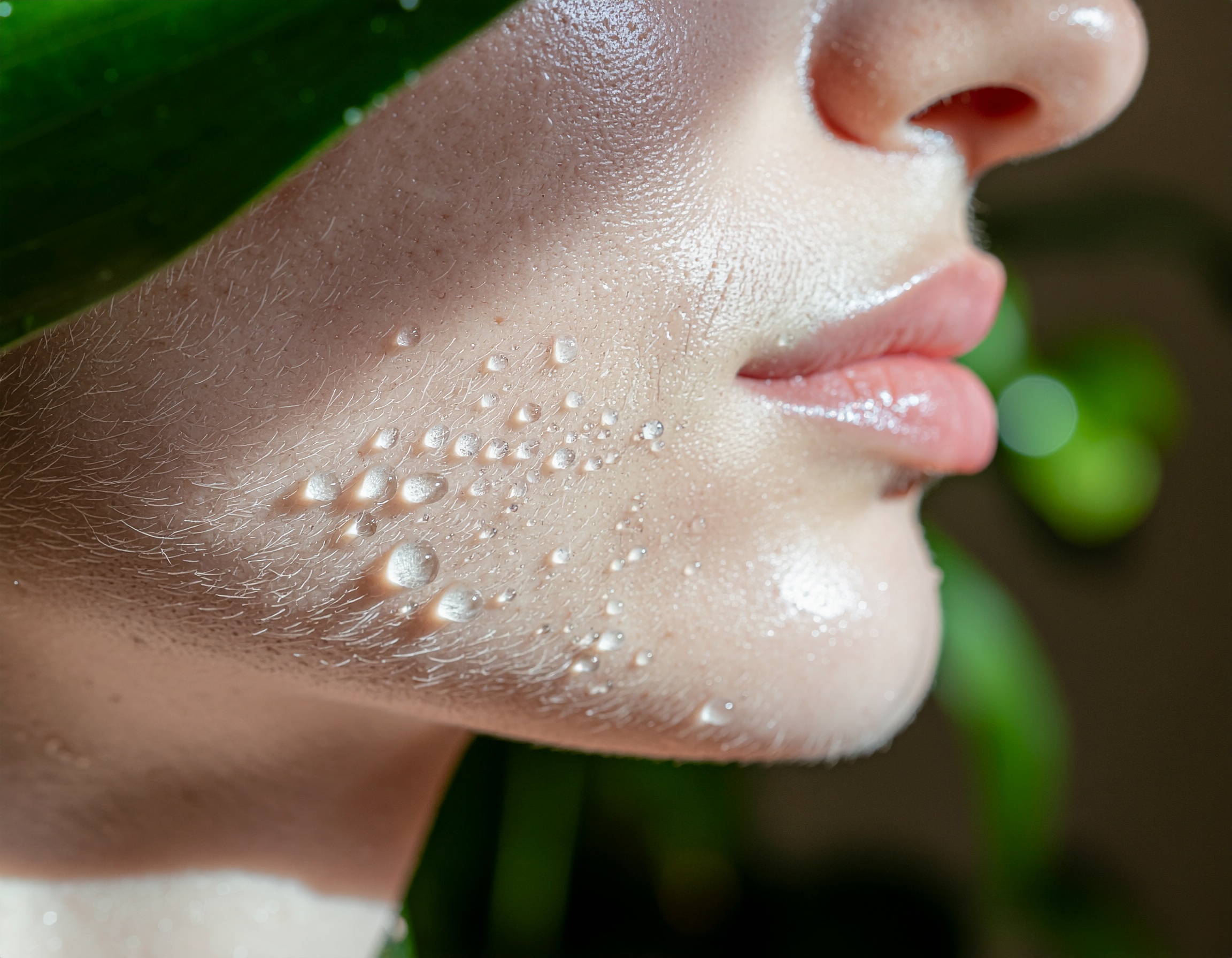 Close-up of a Human Face with Water Drops