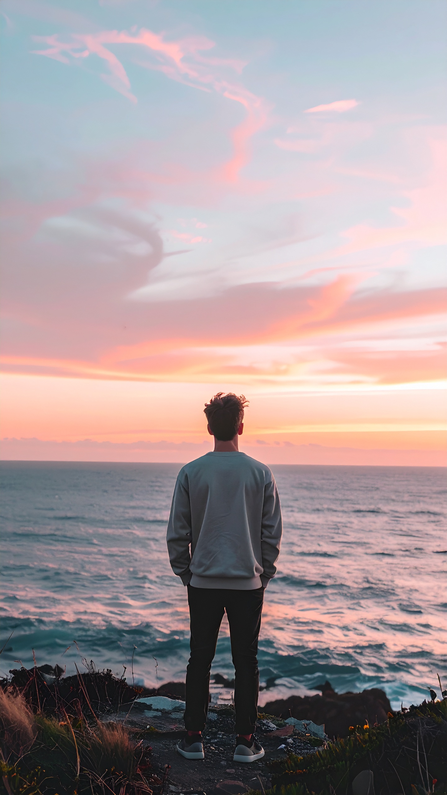 Pessoa de pé em um penhasco de frente para o mar durante o pôr do sol, com céu em tons de rosa e azul. A silhueta enfatiza uma atmosfera contemplativa e serena. A iluminação suave destaca a textura das roupas e a vegetação ao redor, criando um contraste marcante com o horizonte distante. Composição em perspectiva traseira, focada na vastidão do oceano e do céu.
