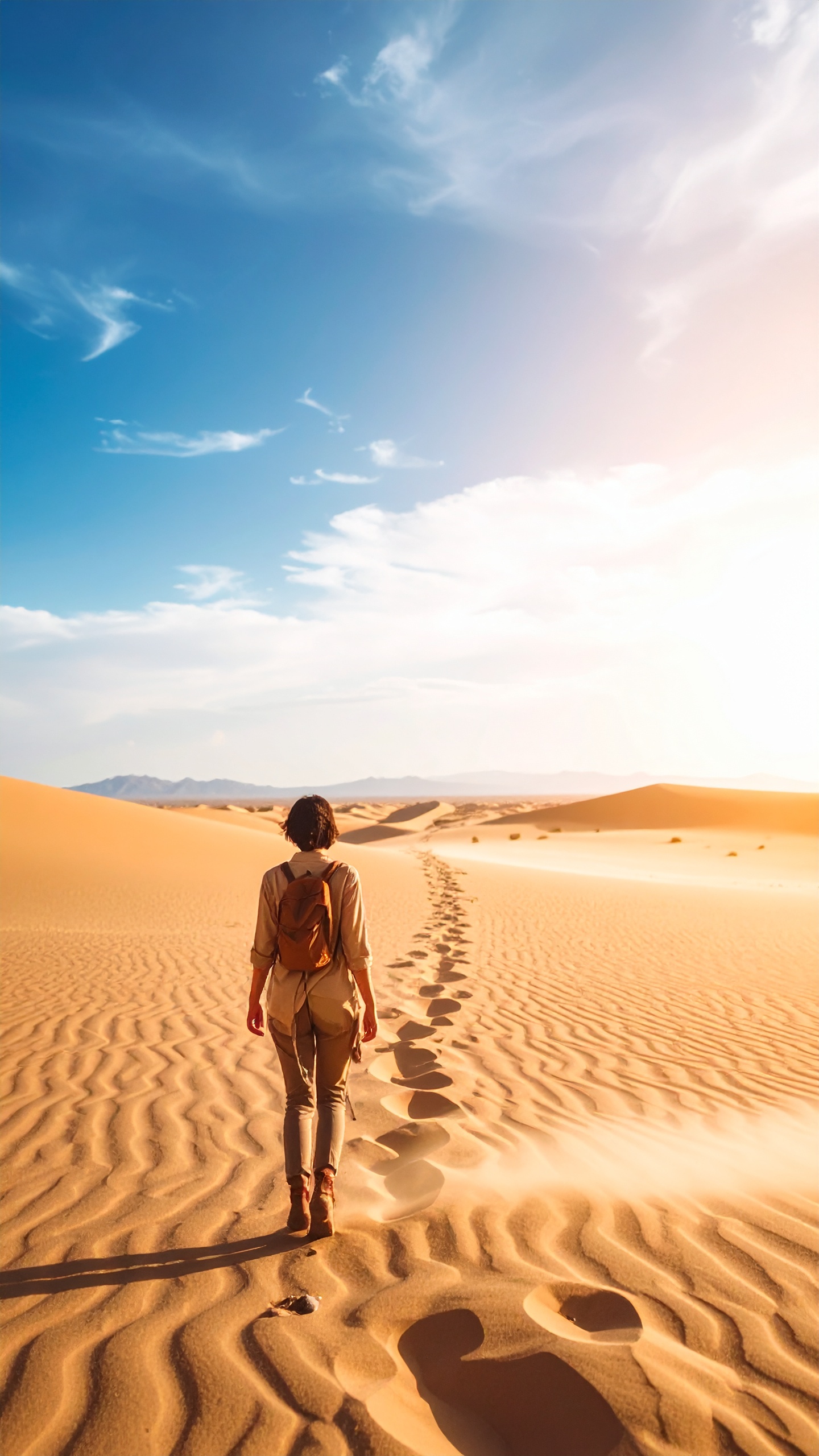 A lone traveler walks across a sunlit desert with a clear blue sky overhead