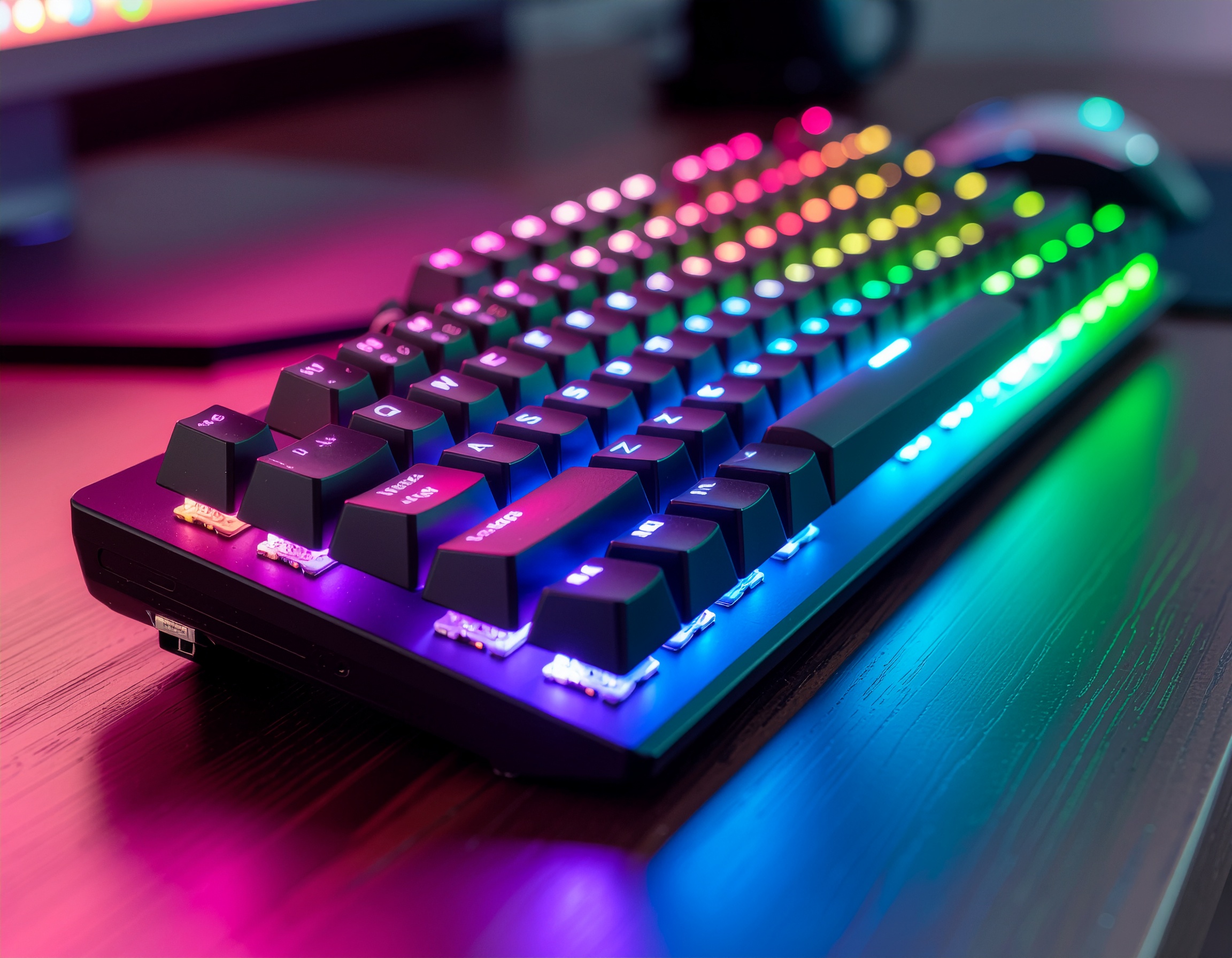 Teclado mecânico com iluminação RGB vibrante em ambiente de jogos, destacando teclas ergonômicas e design moderno sobre uma mesa de madeira, criando uma atmosfera futurista e envolvente.