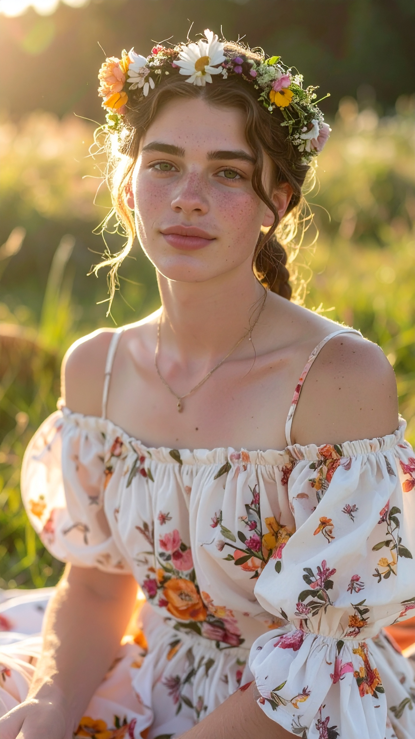 Retrato de uma jovem usando uma coroa de flores em um campo iluminado pelo sol. Ideal para ocasiões ao ar livre, como casamentos ou festas de primavera, adicionando um toque de naturalidade e elegância. O vestido floral com ombros à mostra complementa o tema bucólico, enquanto a iluminação suave destaca a beleza e a serenidade da cena. Perfeito para sessões de fotos ao pôr do sol ou eventos em locais pitorescos. Essa imagem evoca um sentimento de conexão com a natureza e simplicidade.
