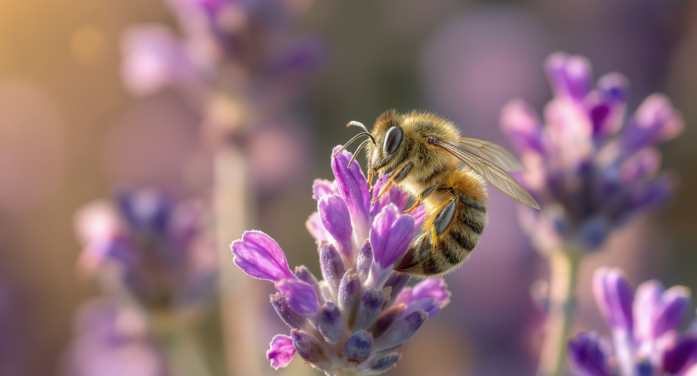 Bee on Purple Flower in Lavender Field