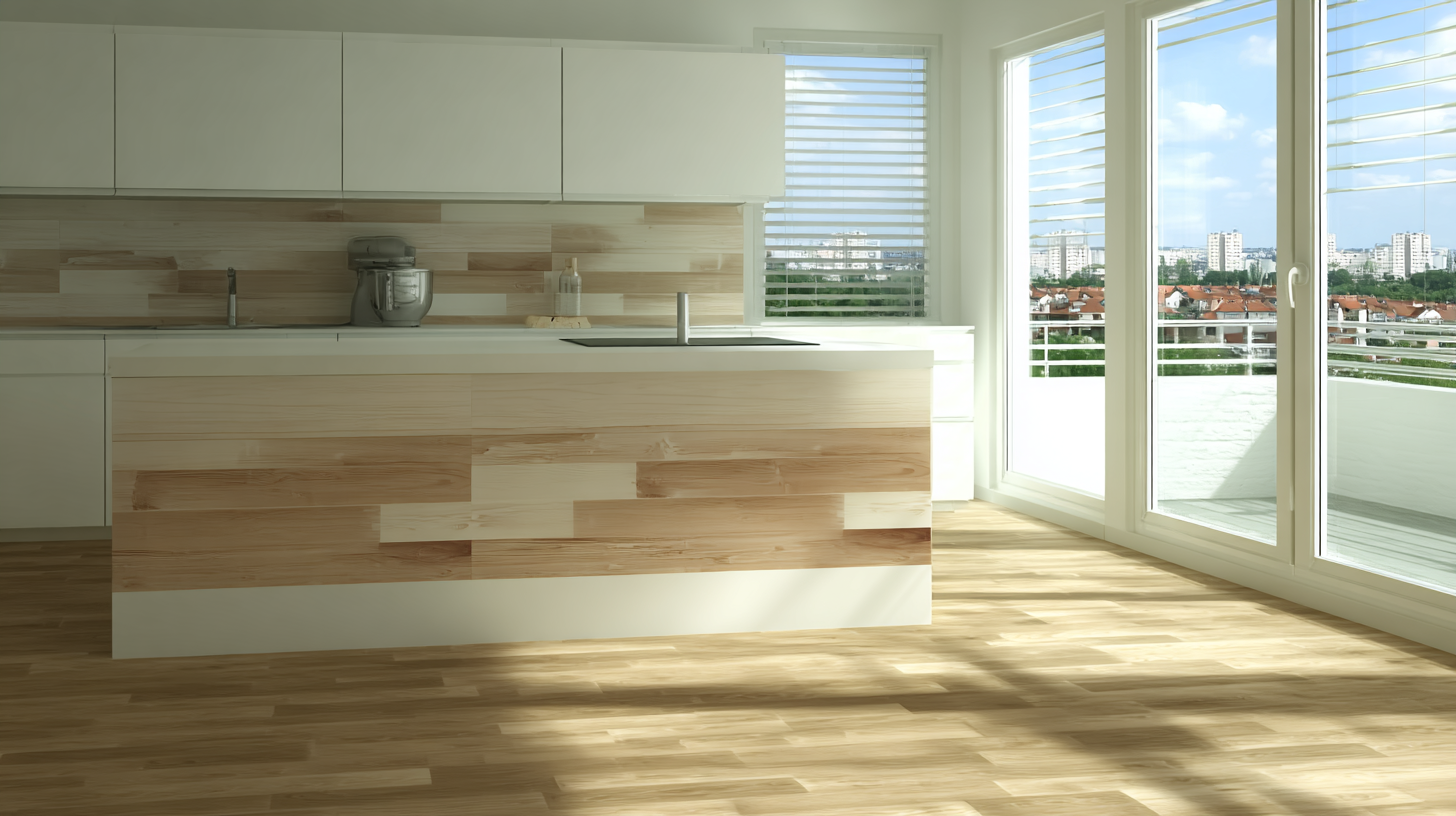 Cozinha moderna iluminada por luz natural, com paleta de tons claros, como creme e madeira (aprox. HEX #F5F5DC). Linhas limpas e simetria destacam móveis minimalistas. Piso de madeira clara e bancada central adicionam calor. A grande janela de vidro proporciona vista urbana e amplia a sensação de espaço.