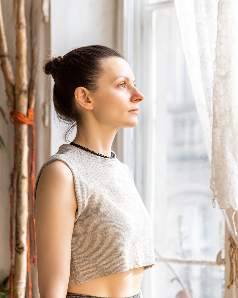 Mulher de perfil iluminada por luz natural suave, vestindo top cinza claro, com cortinas de linho ao fundo e troncos decorativos à esquerda.