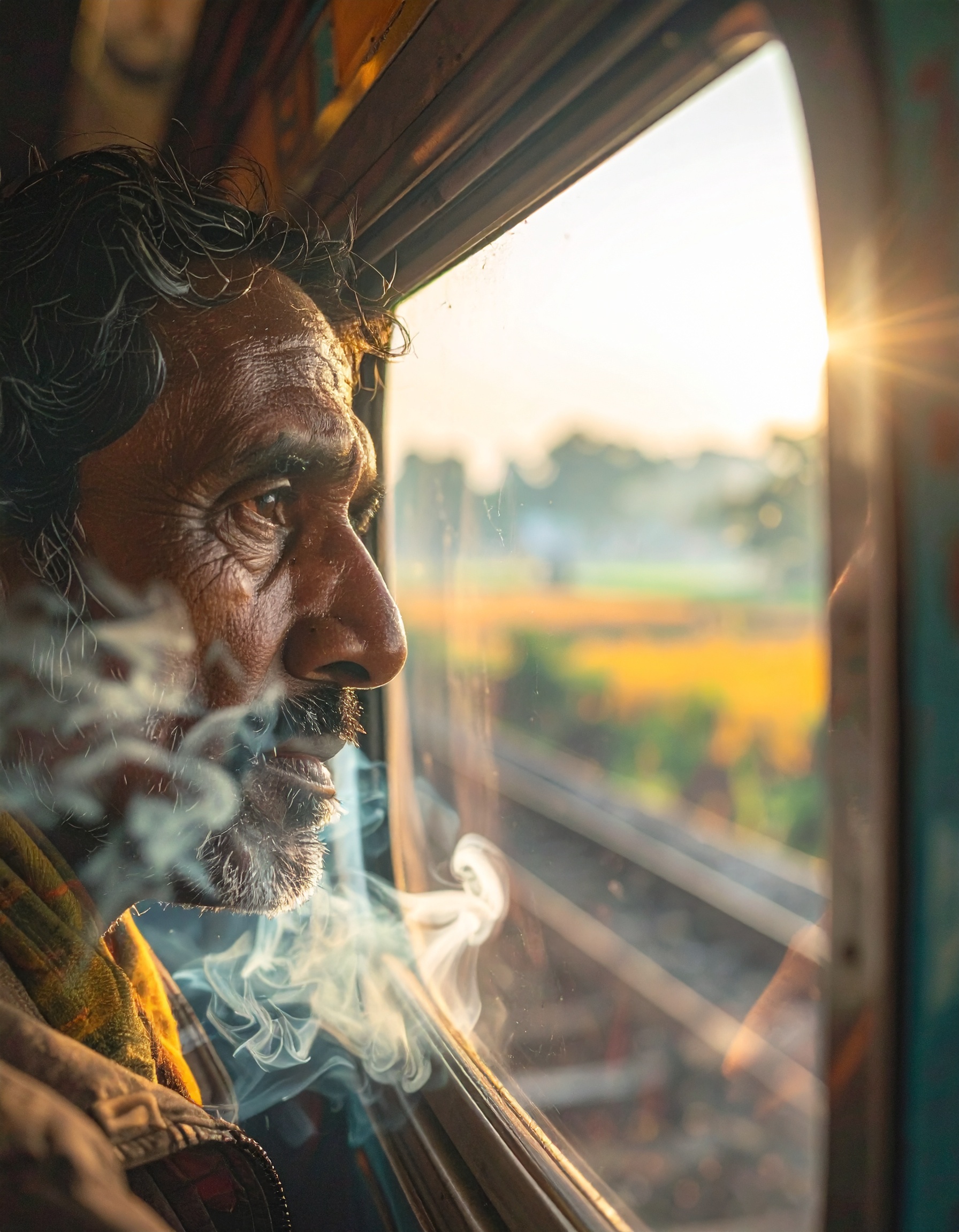 A man gazes out of a train window as sunlight bathes the landscape