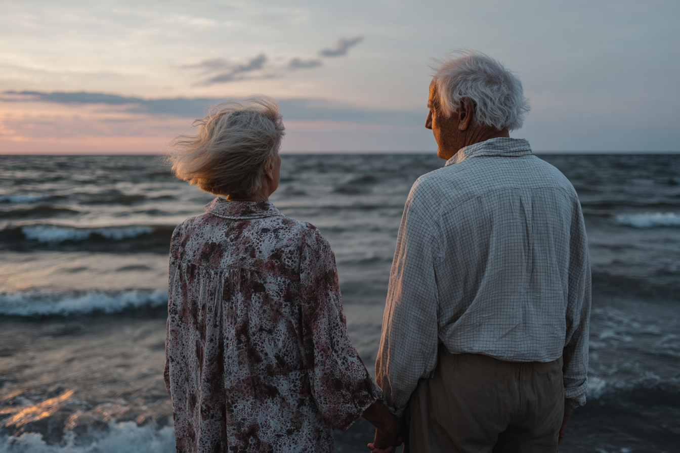 Um casal de idosos de costas, segurando as mãos, contemplando o mar durante o pôr do sol. As ondas do oceano refletem a luz suave do entardecer, criando uma atmosfera romântica e serena.