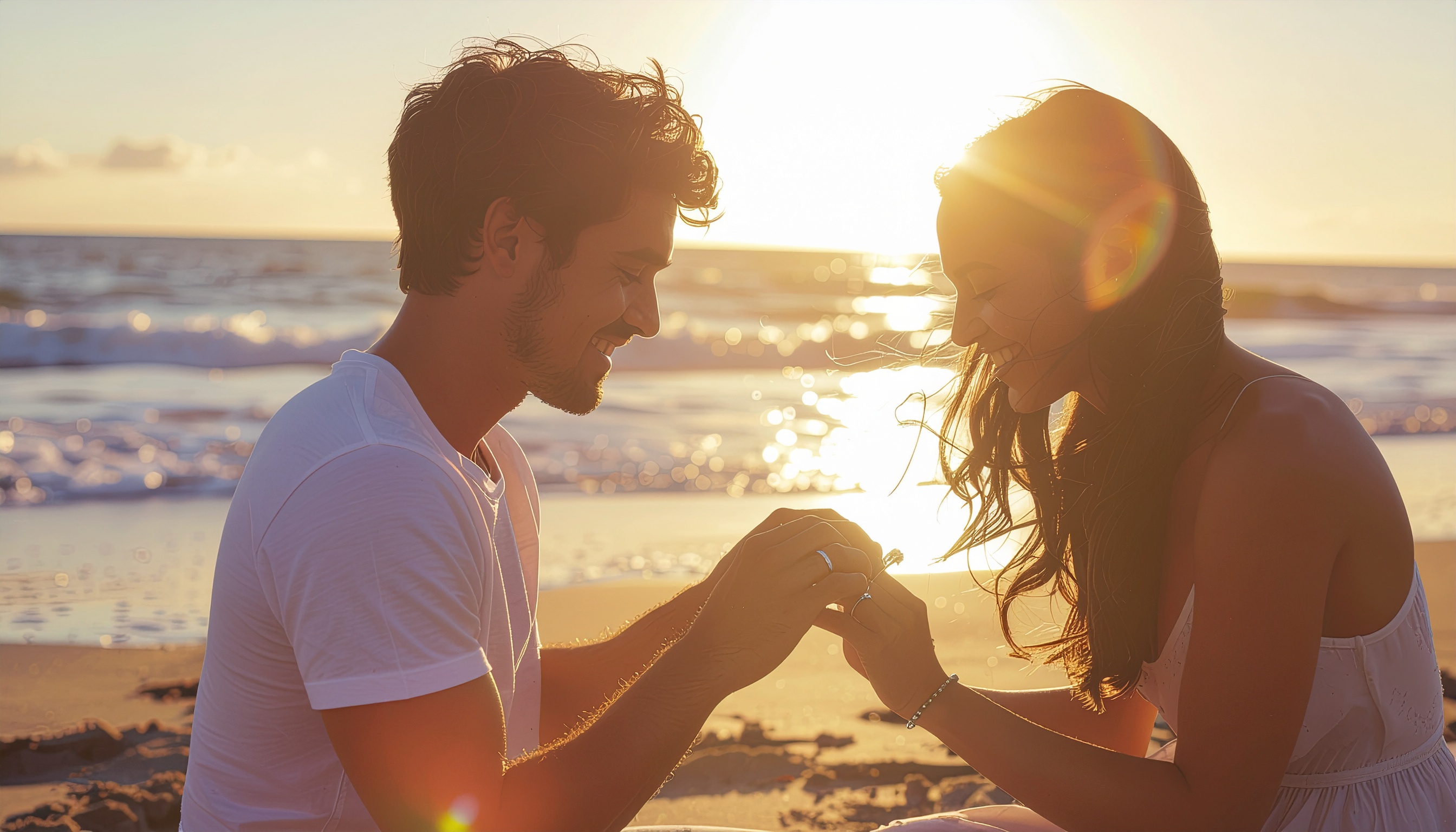 Casal sentado na praia durante o pôr do sol, com iluminação dourada e atmosfera romântica. O homem coloca um anel no dedo da mulher, capturando um momento íntimo e alegre. As ondas do mar ao fundo criam uma sensação de serenidade e amor, enquanto o foco suave e a profundidade de campo destacam a emoção do momento.