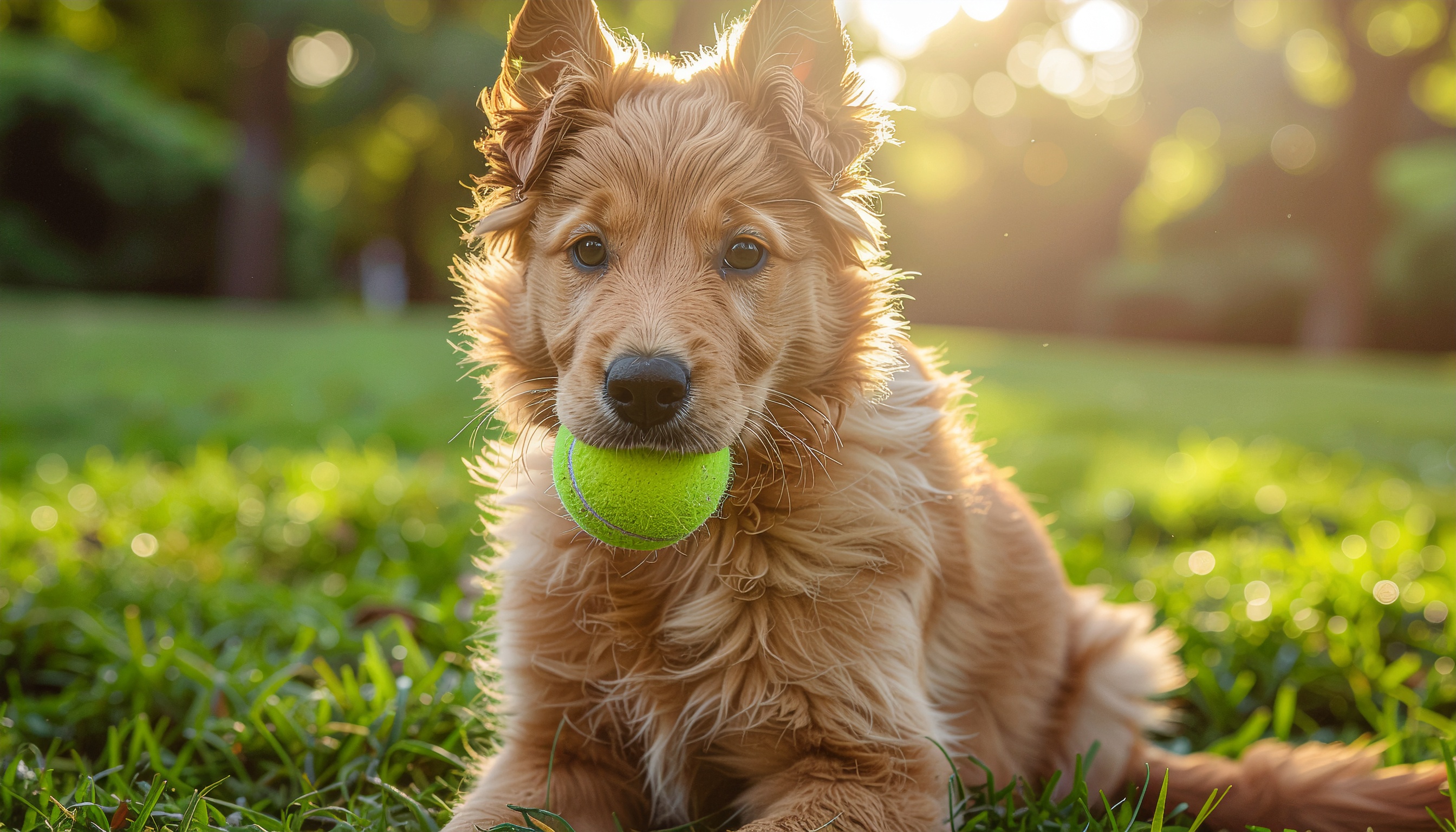Cão de pelo dourado brincando em gramado verde, com bola de tênis na boca, iluminado pelo sol poente que cria um efeito de brilho no pelo e bokeh suave ao fundo, transmitindo uma sensação de alegria e liberdade ao ar livre.