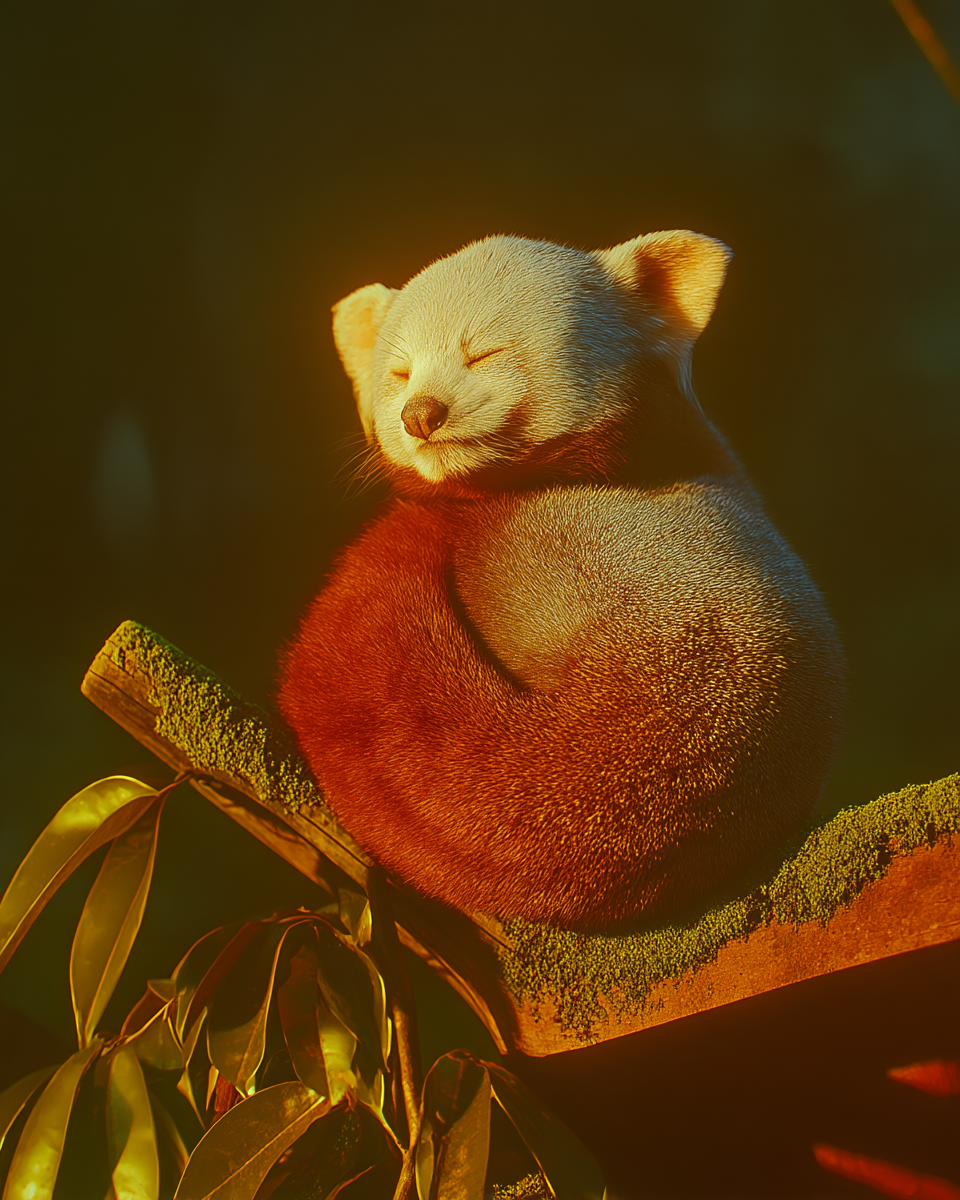 Panda-vermelho repousa serenamente em galho coberto de musgo sob luz dourada do pôr do sol, transmitindo tranquilidade e calma natural.