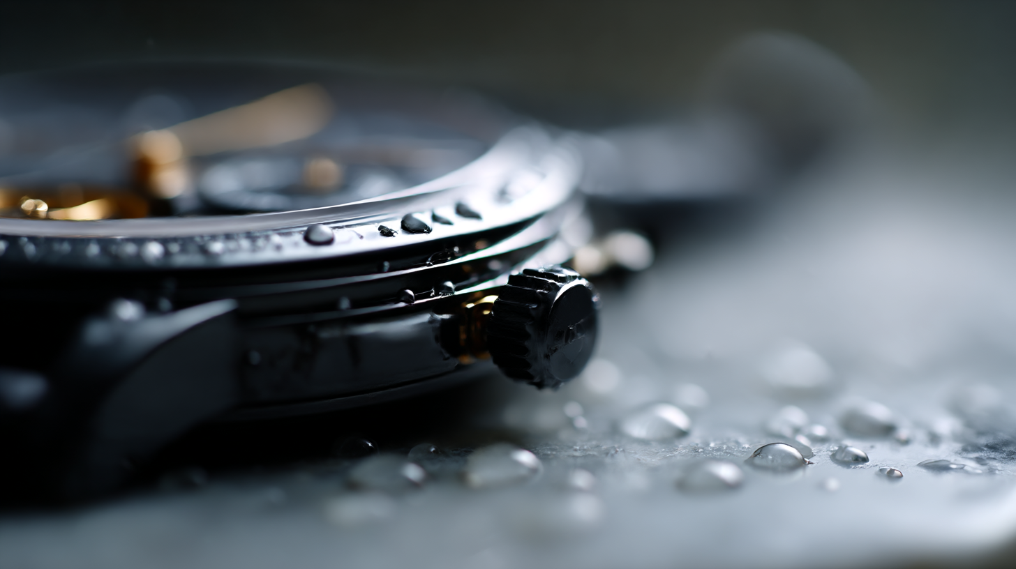 Close-up of a luxury black watch with water droplets on its surface, showcasing intricate details of the watch face and crown. The background is softly blurred, enhancing the focus on the watch's elegant design.