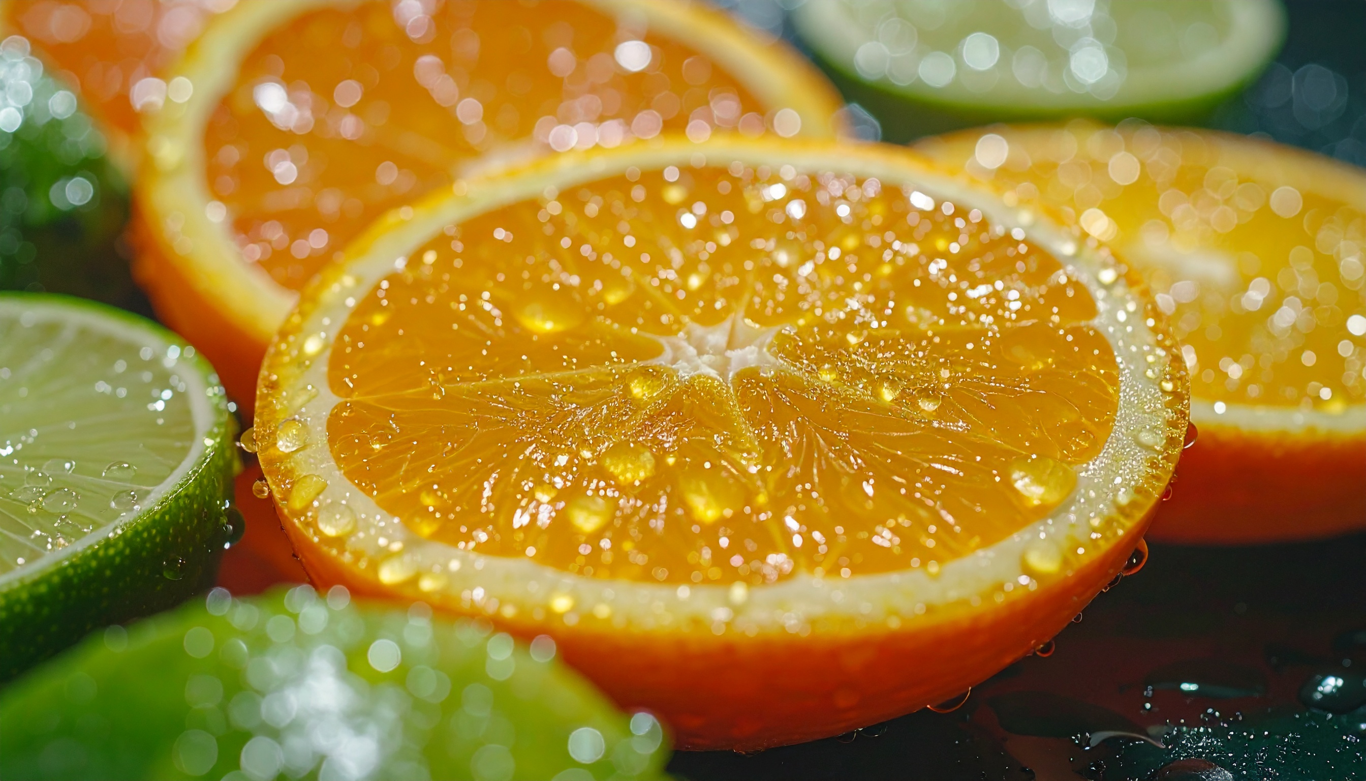 Close-Up of Orange and Lemon Slices with Water Drops