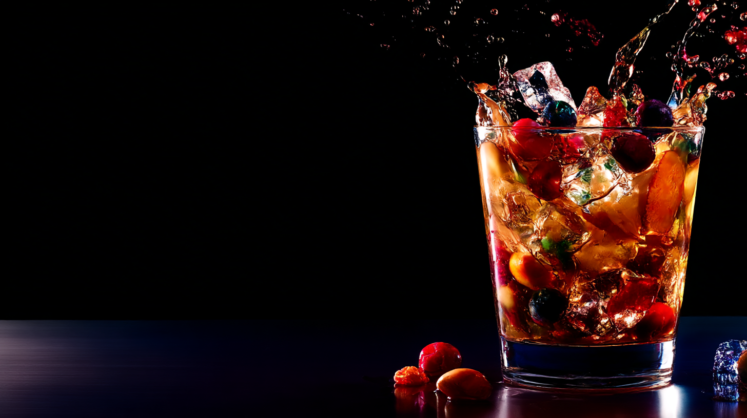 A imagem apresenta um copo de bebida, com gelo e frutas, em um fundo escuro. As cores predominantes incluem tons de âmbar da bebida, azul e vermelho das frutas, e a transparência do gelo. A composição é centrada no copo, que está parcialmente cheio e exibindo um respingo de líquido, criando um efeito dinâmico. O fundo é totalmente preto, destacando o copo e seu conteúdo.