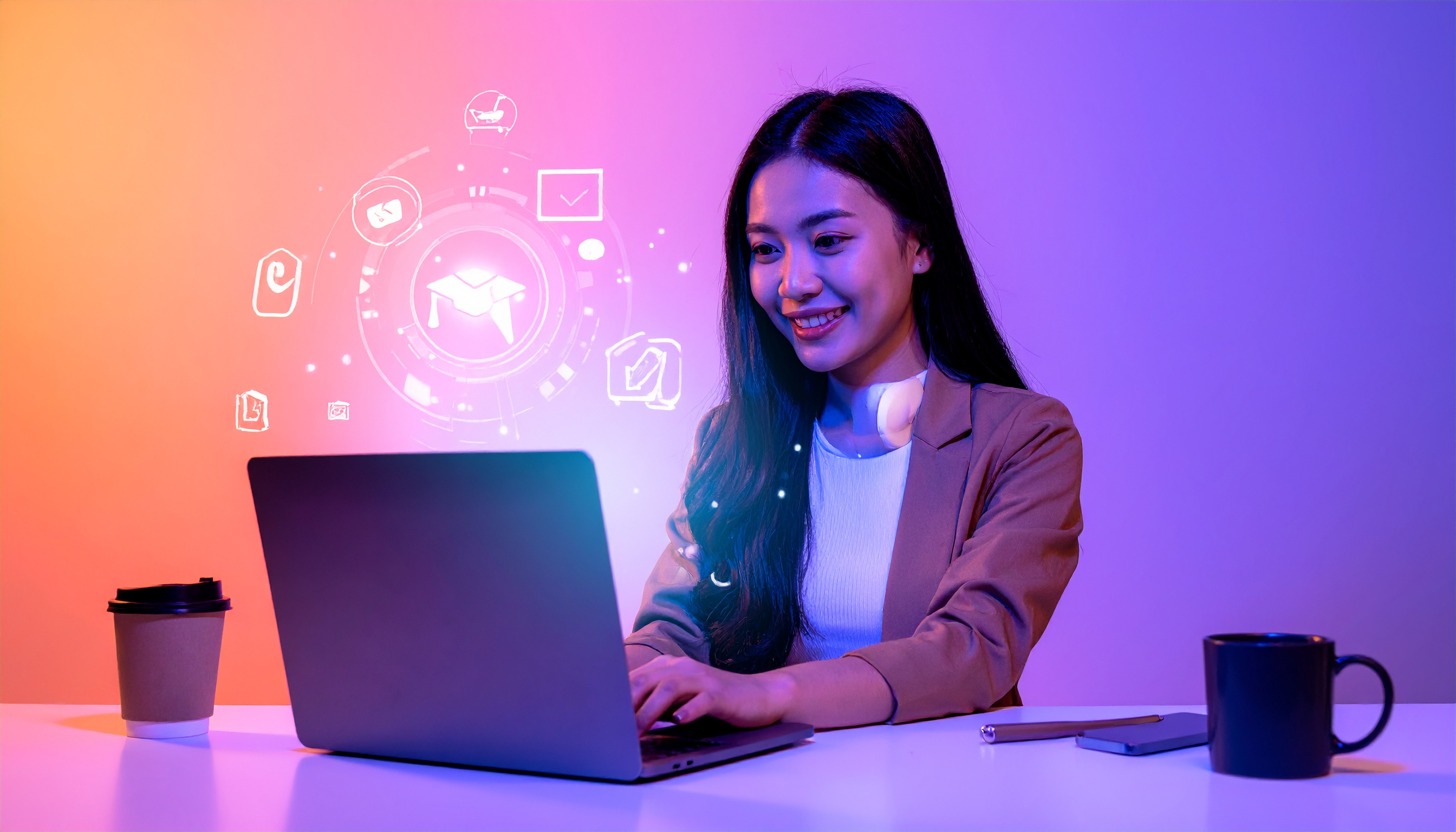 A woman in a business suit works on a laptop, surrounded by digital icons, illuminated