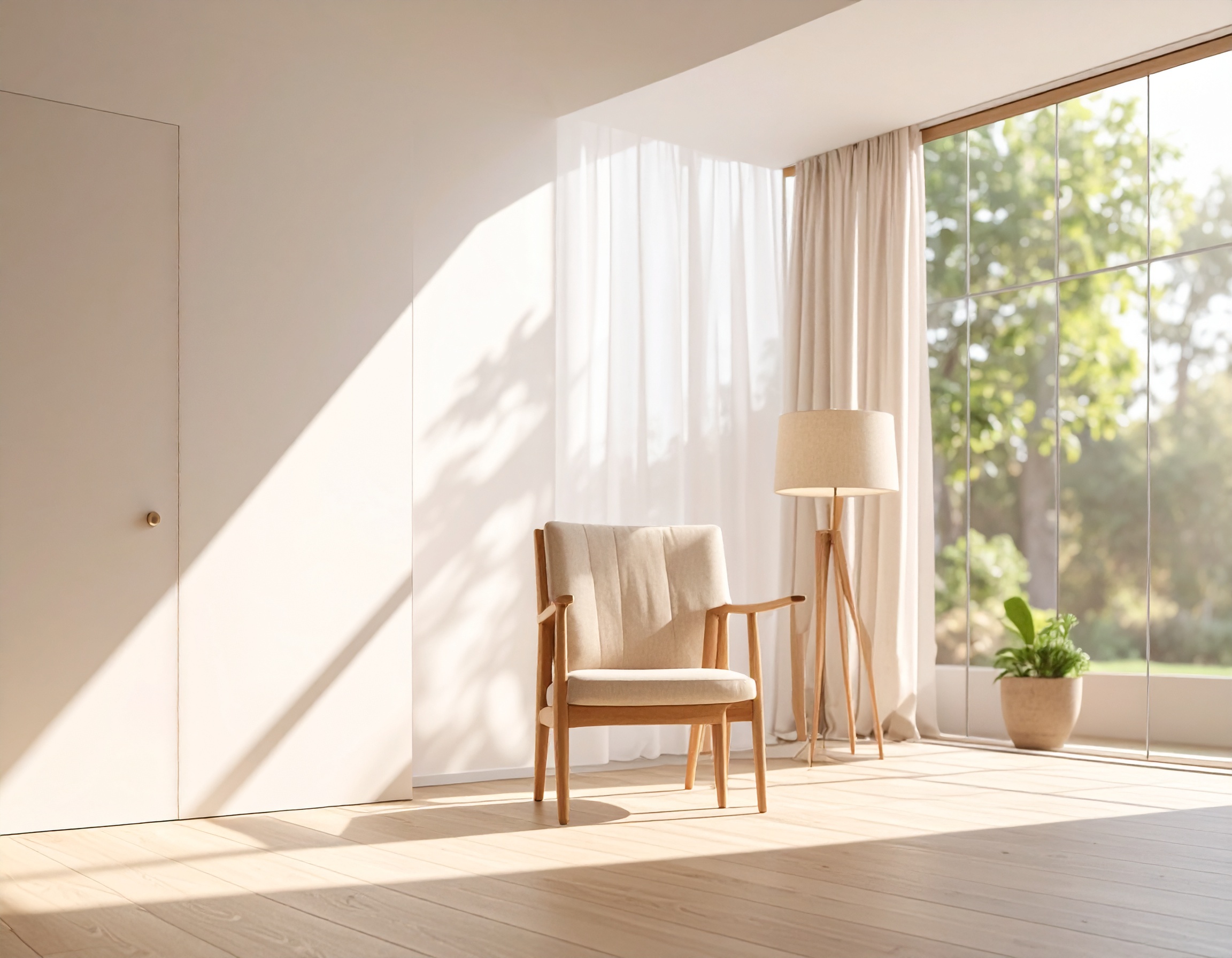 A serene living room features a cozy armchair and a modern floor lamp basking in natural light