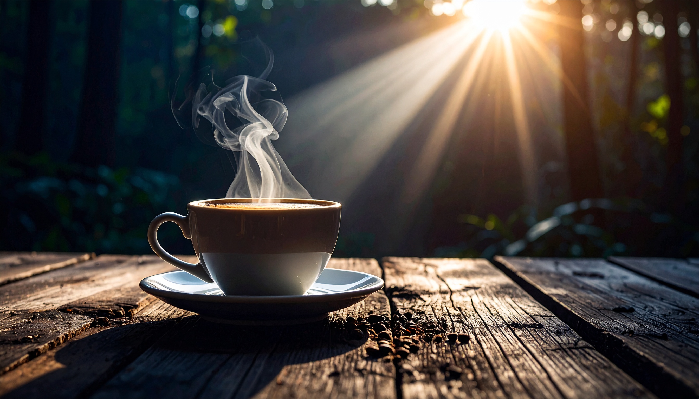 Steaming Coffee Cup on Rustic Wooden Table