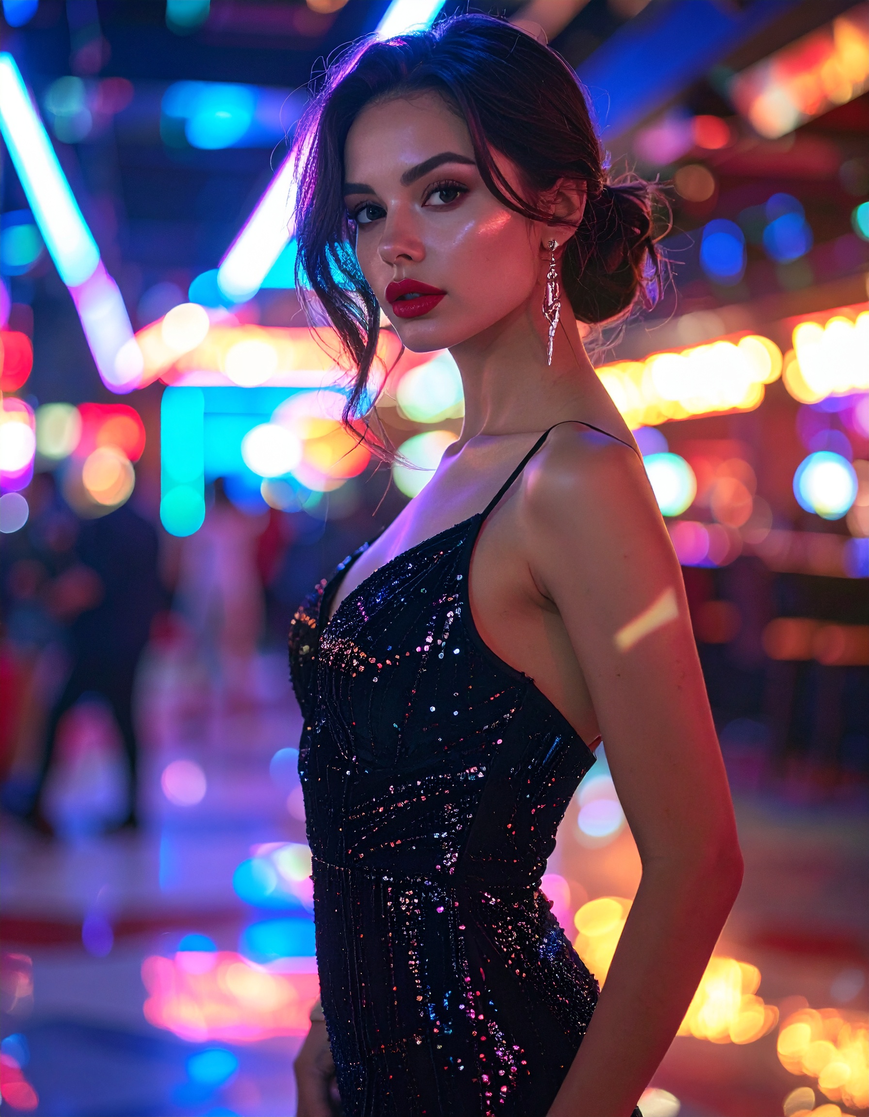 A woman in a glamorous black sequined dress stands confidently in a vibrant, neon-lit space