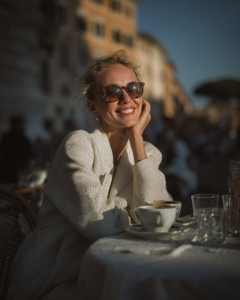 A imagem retrata uma mulher sorridente sentada em uma mesa de café ao ar livre, com luz suave iluminando seu rosto. Ela usa óculos de sol e um casaco claro. Ao lado dela, uma xícara de café em uma mesa coberta por uma toalha clara e texturizada. O fundo apresenta um cenário urbano, com edifícios e pessoas desfocadas.
