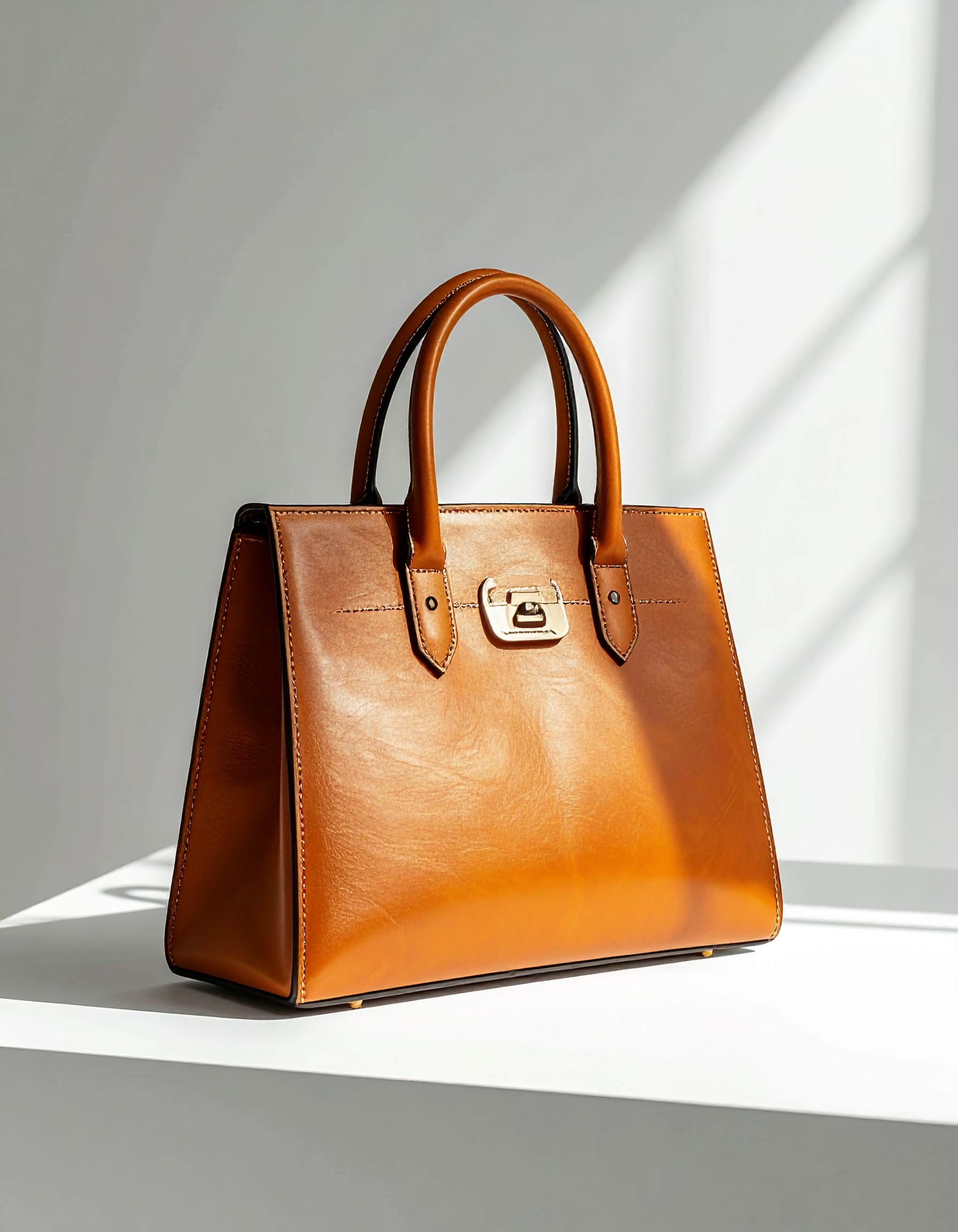 Elegante bolsa de couro caramelo sobre superfície branca iluminada por luz natural suave, destacando seu design sofisticado e acabamento impecável, ideal para moda e estilo.