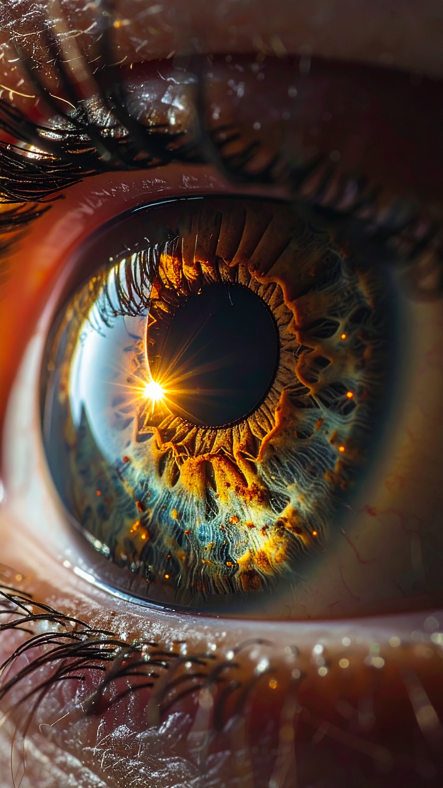 A close-up of a human eye reveals intricate details and vibrant colors