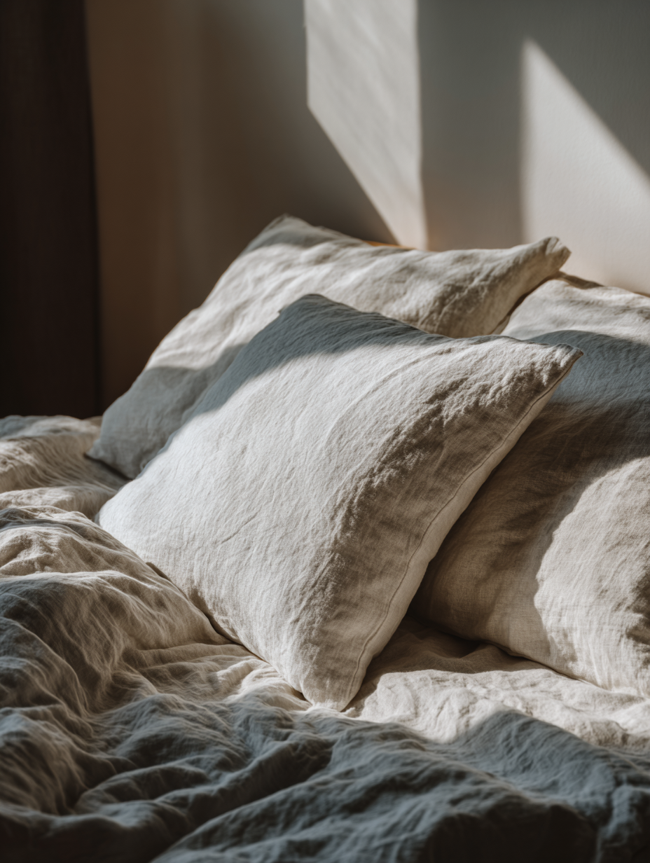 Cama acolhedora com travesseiros de linho iluminados pela luz suave do sol da manhã, criando uma atmosfera de tranquilidade e conforto no quarto.