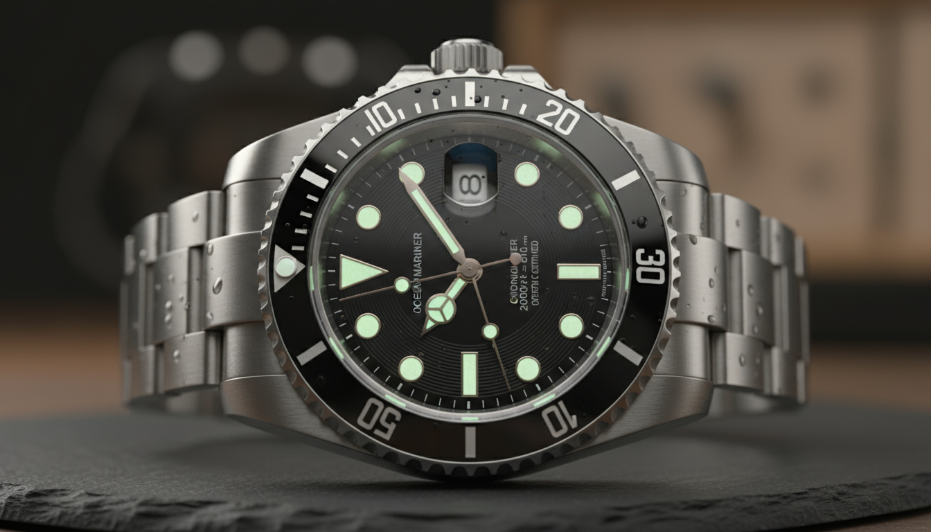 Silver Dive Watch with Black Dial and Luminous Details