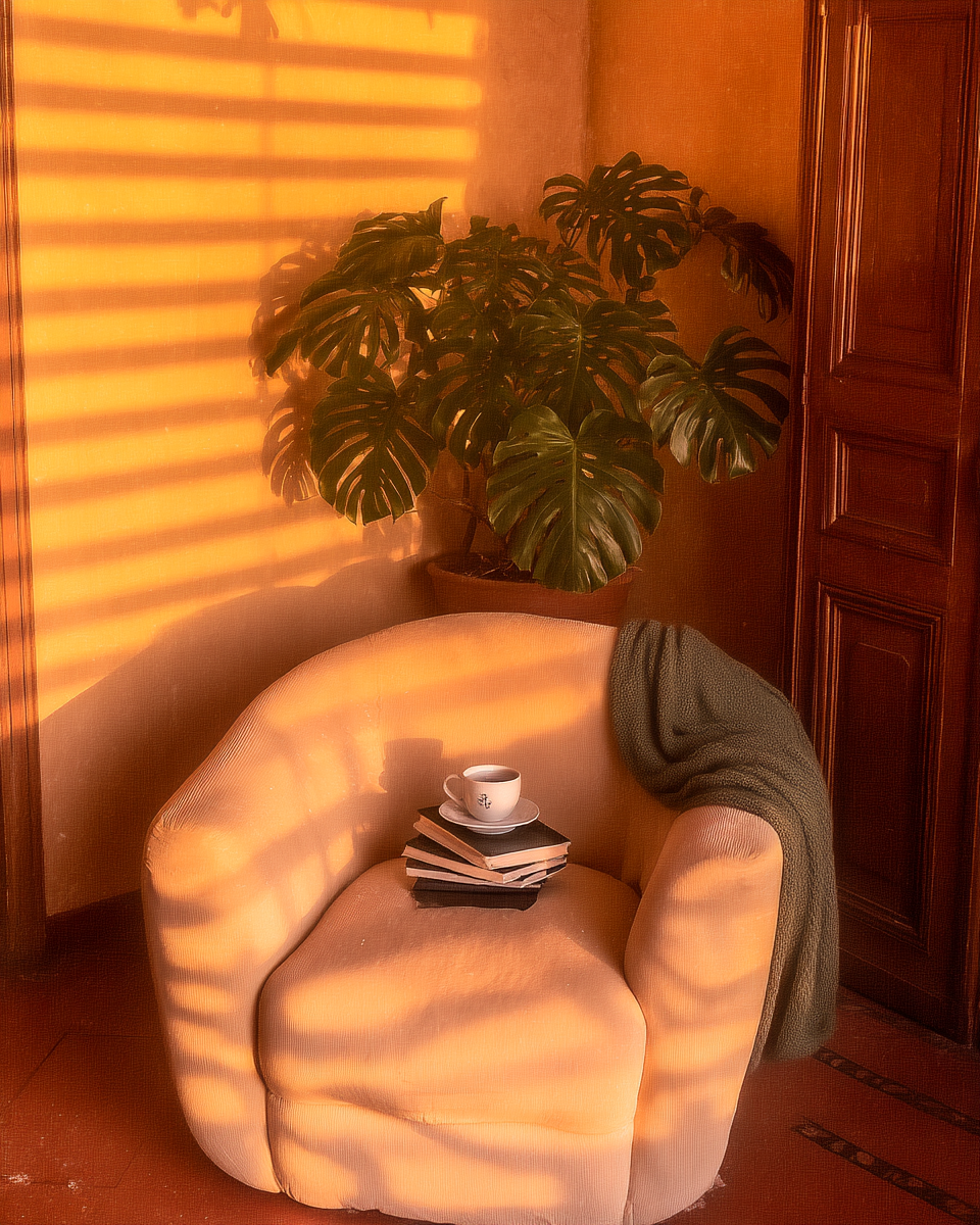 Uma poltrona bege acolhedora em um canto de sala iluminado pela luz suave do sol poente, criando sombras listradas nas paredes. Sobre a poltrona, há uma pilha de livros e uma xícara de café, ao lado de um cobertor verde escuro. Atrás, uma planta de folhagem exuberante acrescenta um toque de natureza ao ambiente. A composição é aconchegante, com foco suave e atmosfera tranquila.