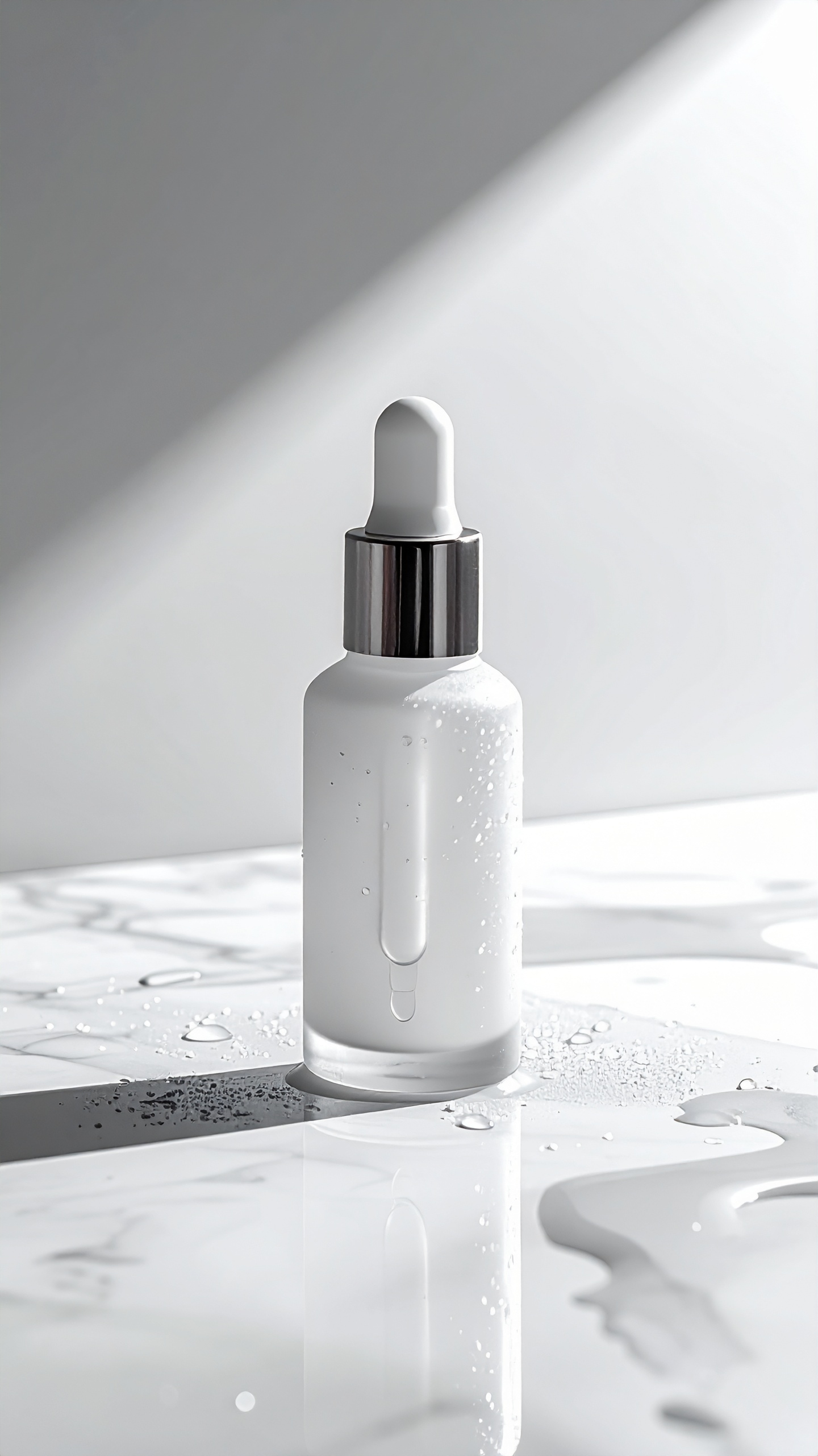 A sleek frosted glass bottle with a dropper sits elegantly on a glossy marble surface