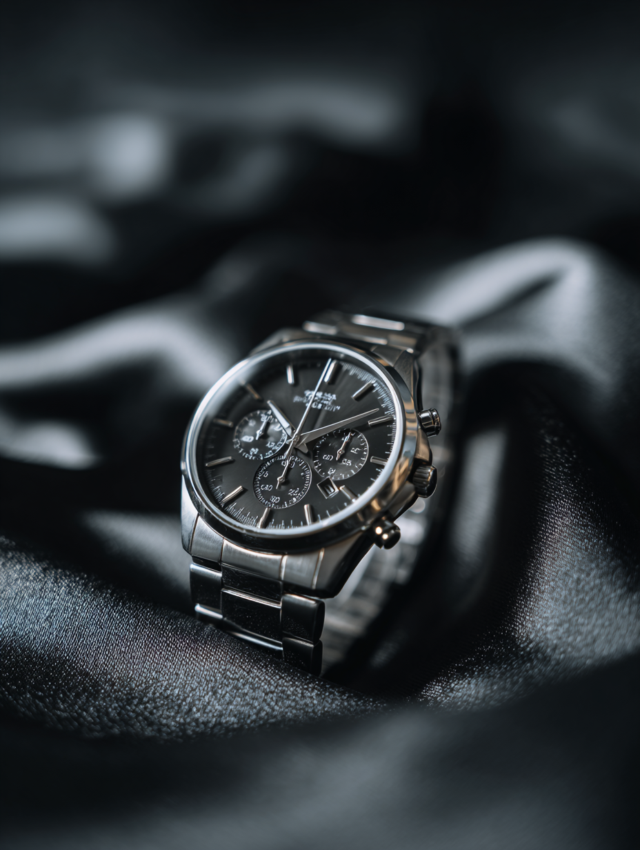 Relógio de pulso metálico em fundo preto de tecido acetinado, com iluminação suave que realça os detalhes do mostrador e pulseira, criando uma atmosfera sofisticada e elegante. A composição destaca o contraste entre o brilho do metal e a textura do fundo, com foco nítido no relógio em ângulo ligeiramente inclinado.
