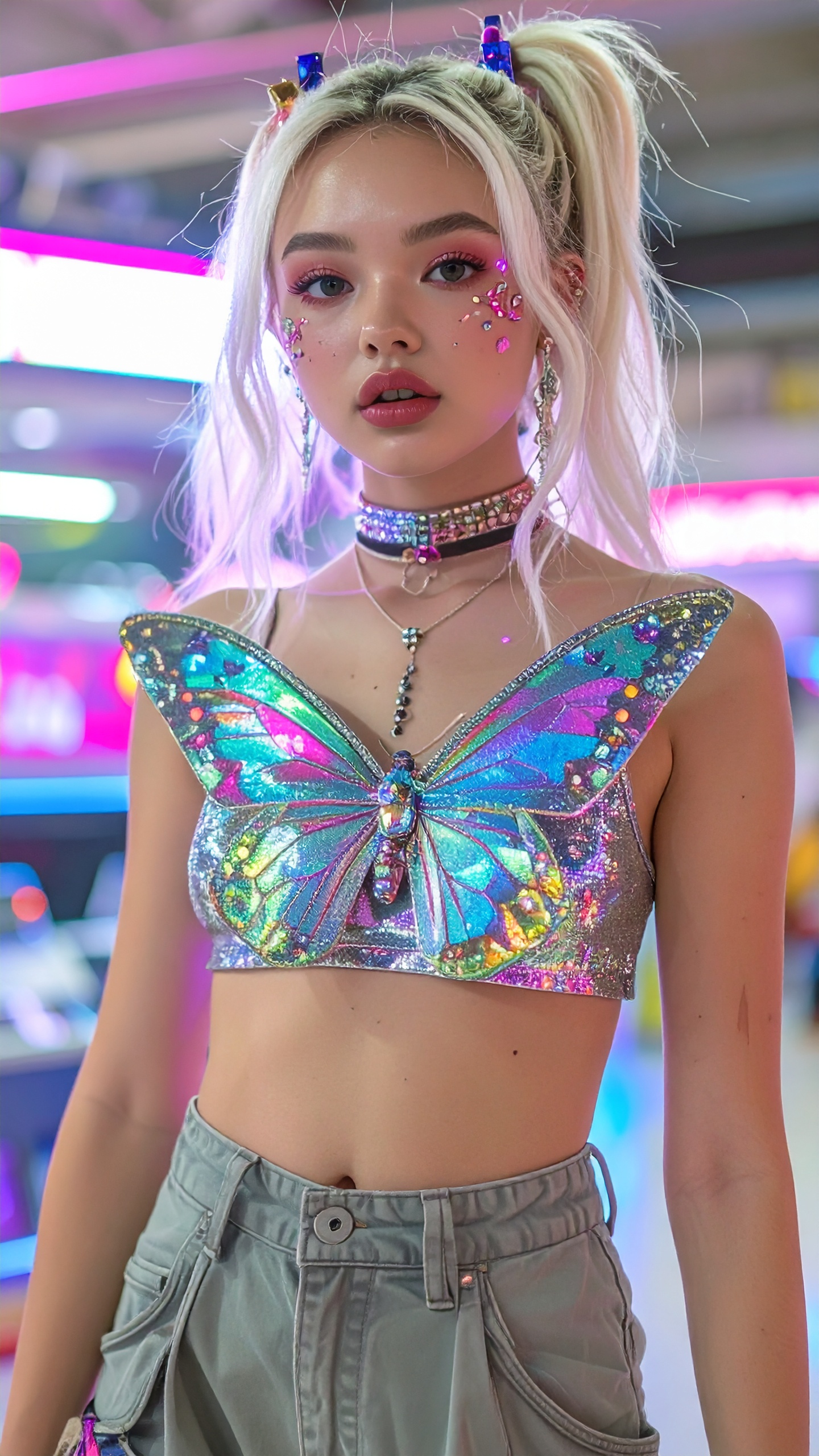 A young woman wearing a holographic butterfly top stands in a vibrant, neon-lit environment