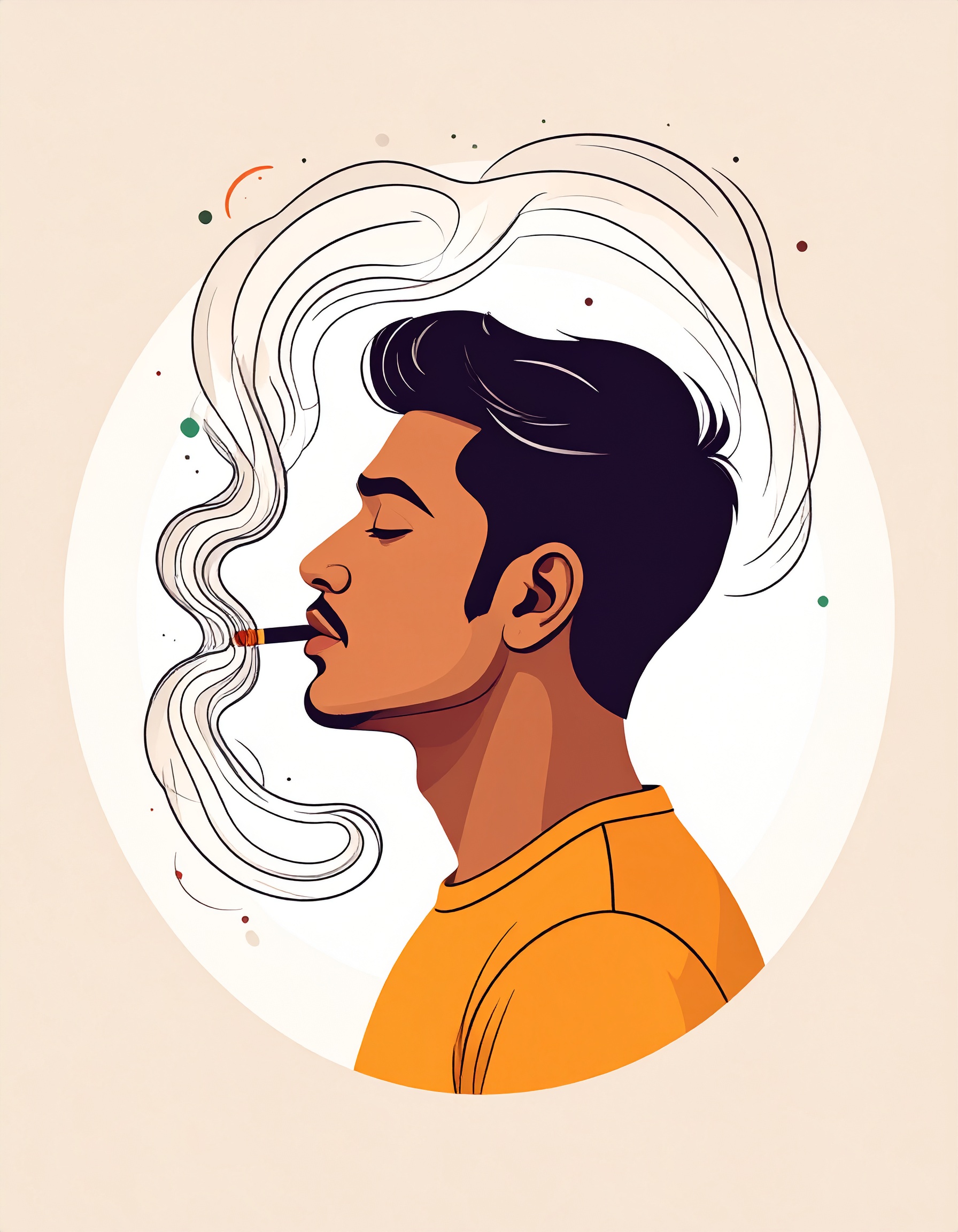 An artistic illustration features a young man smoking, with swirling smoke creating elegant patterns