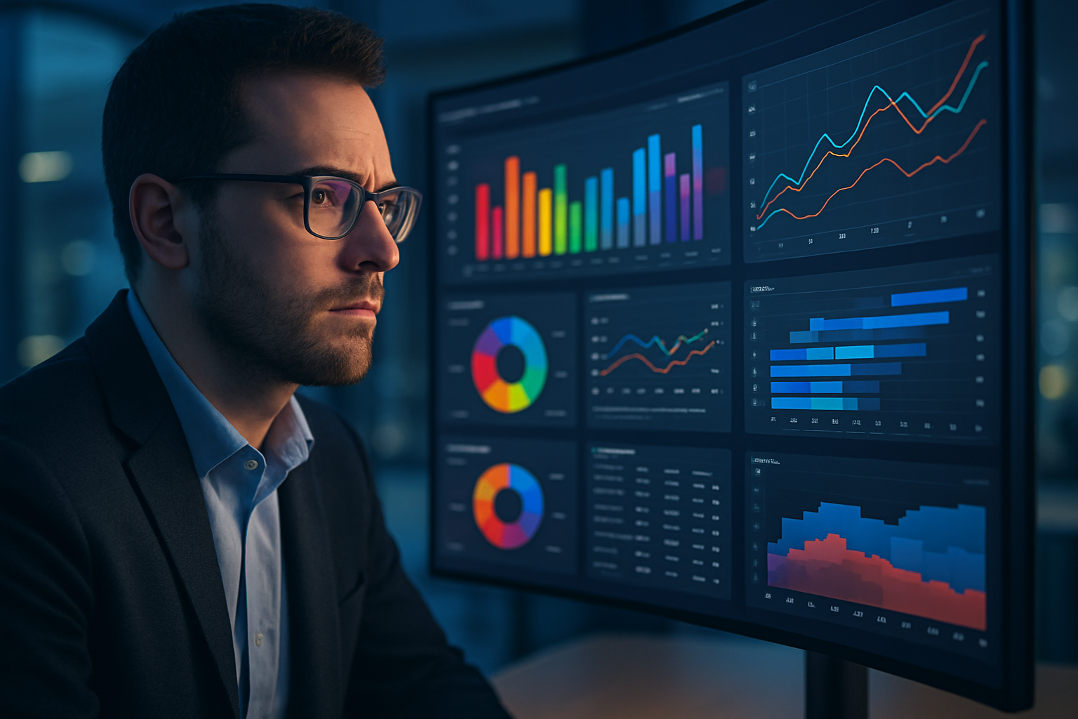 Man Analyzing Colorful Graphs on Curved Monitor in Modern Office