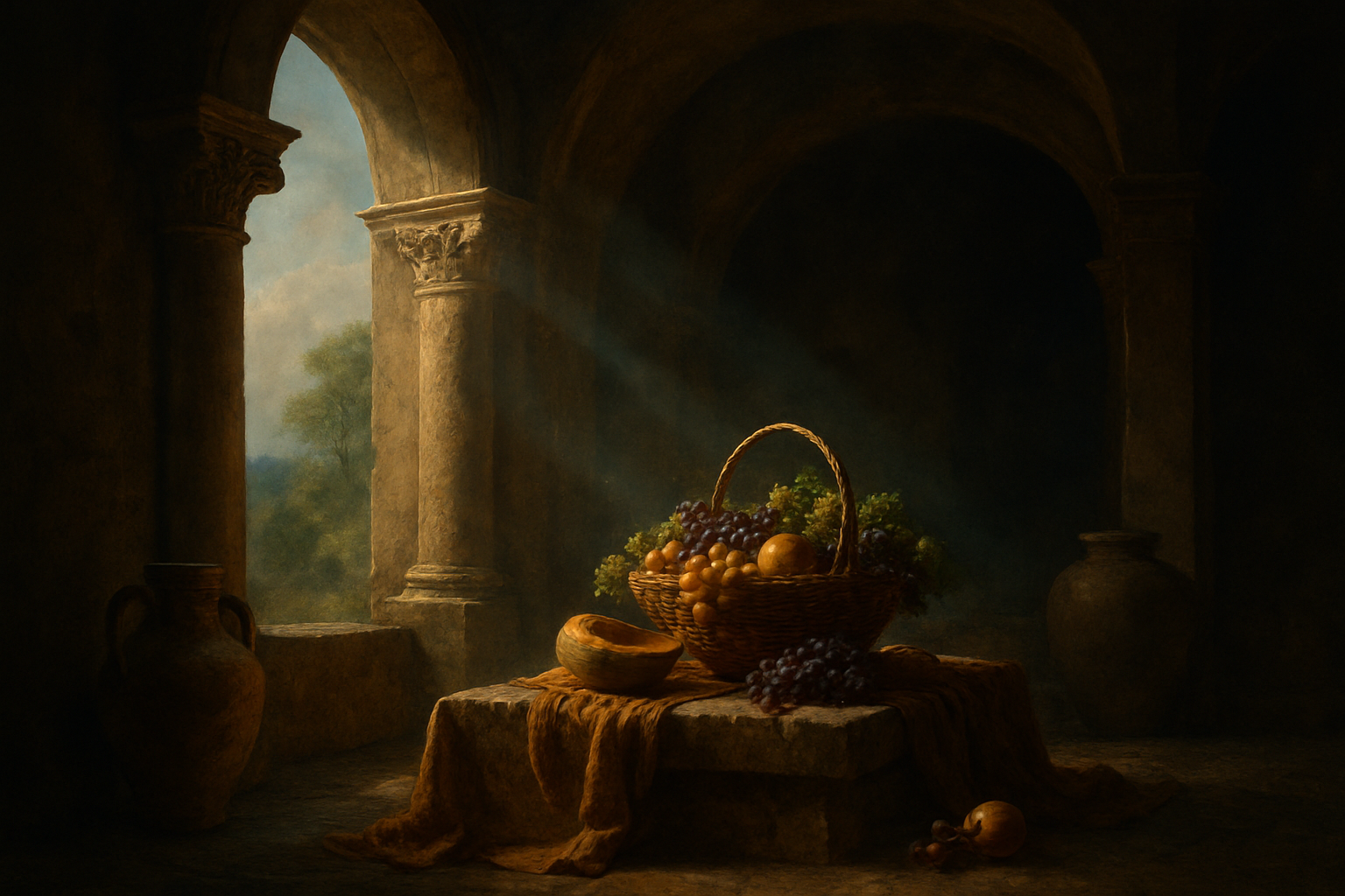 A imagem apresenta uma cena de natureza morta em um ambiente com iluminação suave e dramática. As cores dominantes incluem tons terrosos, como marrons e beiges, com toques de verde e roxo das frutas. A composição é organizada com um cesto de frutas no centro, rodeado por uma toalha de linho e cerâmicas, criando um forte foco visual. A luz entra pelas colunas, iluminando a cena de forma sutil e destacando as texturas das superfícies.