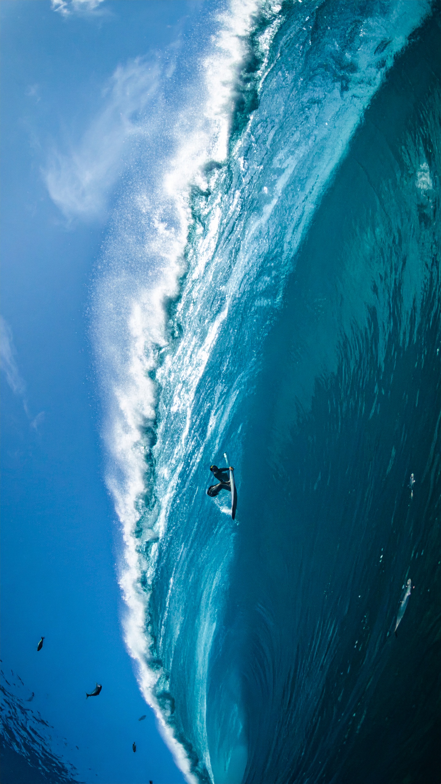 A surfer skillfully rides a massive, curling ocean wave