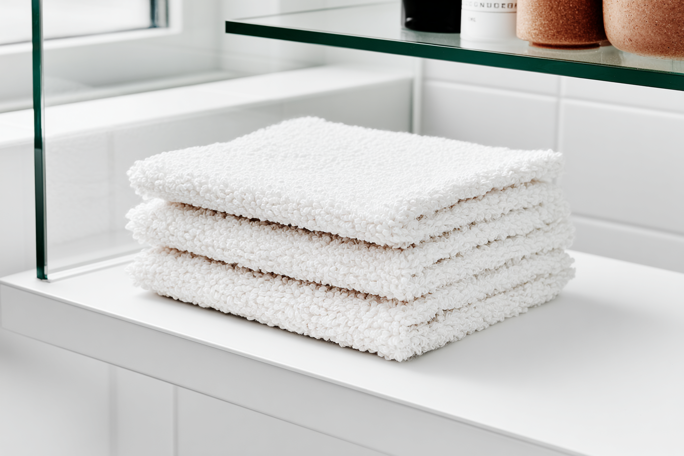 Três toalhas brancas felpudas, impecavelmente dobradas, estão sobre uma superfície branca em um banheiro moderno. A iluminação suave realça a textura das toalhas, enquanto o ambiente minimalista e organizado sugere uma atmosfera de limpeza e tranquilidade. Reflexos sutis no vidro e decoração neutra complementam a composição harmoniosa.
