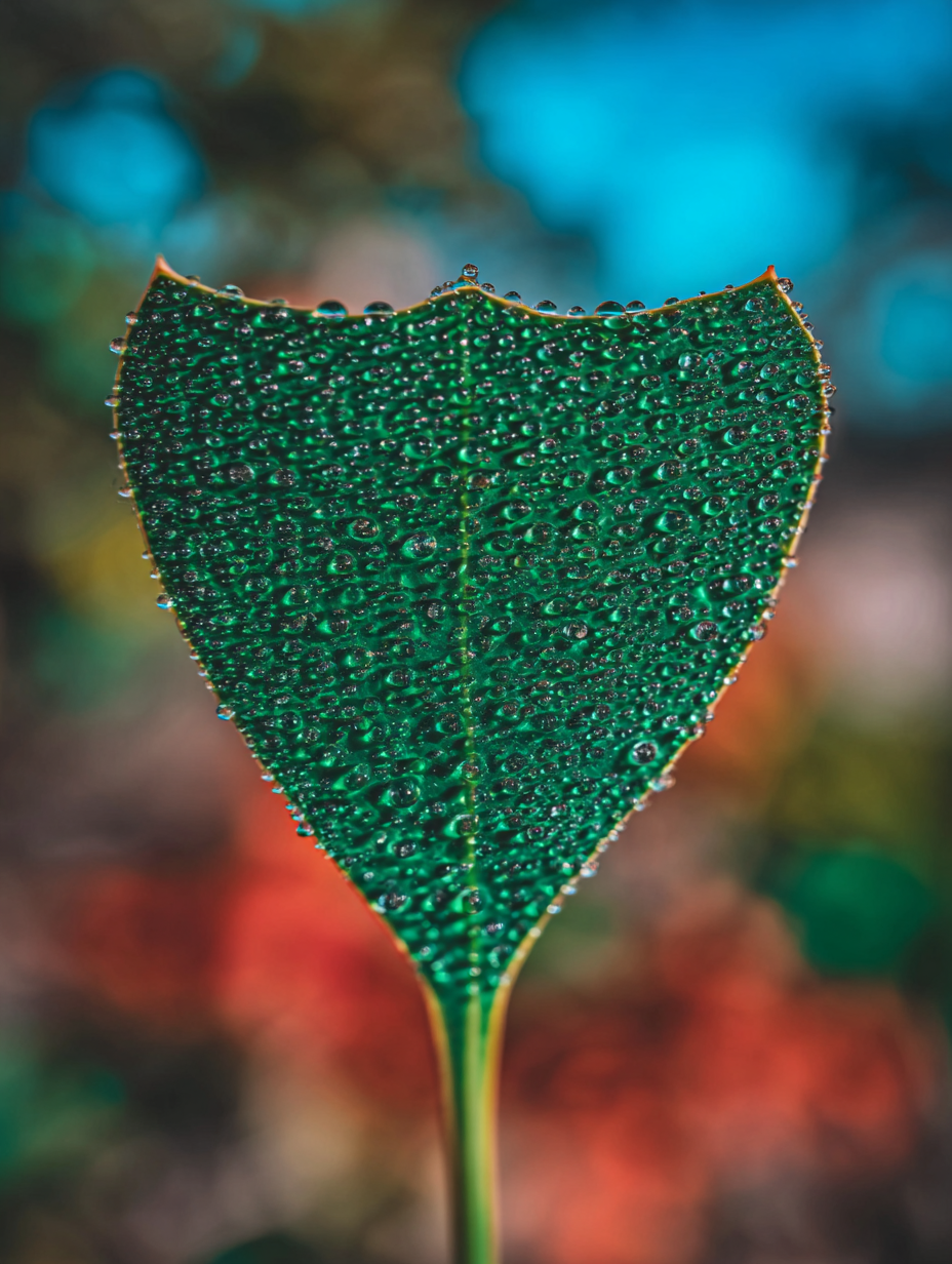 Folha verde em forma de coração coberta por gotículas de água em close-up, destacada contra um fundo desfocado em tons vibrantes de azul e laranja, criando um contraste visual marcante. A iluminação natural realça a textura da folha e o efeito de bokeh confere profundidade à imagem.