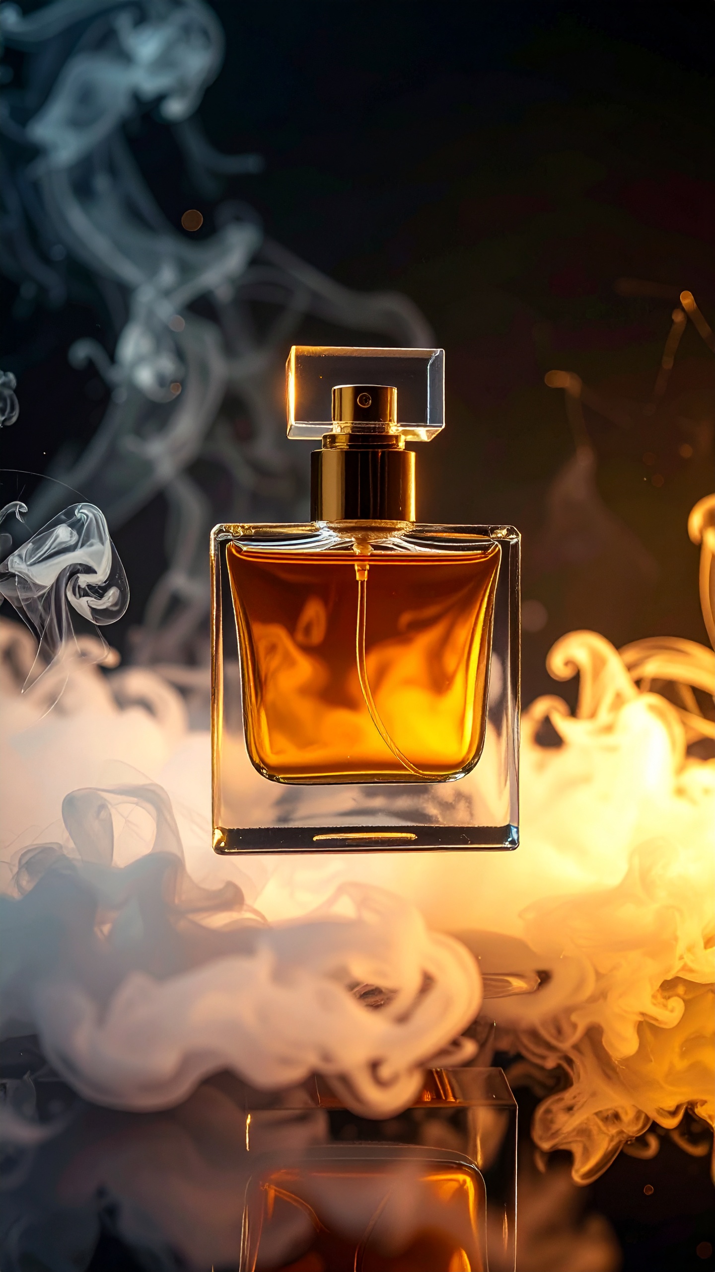 Frasco de perfume elegante em vidro transparente com líquido âmbar, cercado por fumaça branca e suave. A iluminação dramática destaca a textura do vidro e a cor rica do conteúdo, criando uma atmosfera sofisticada e luxuosa. A composição é centrada, com foco nítido no frasco, enquanto a fumaça adiciona profundidade e dinamismo visual.