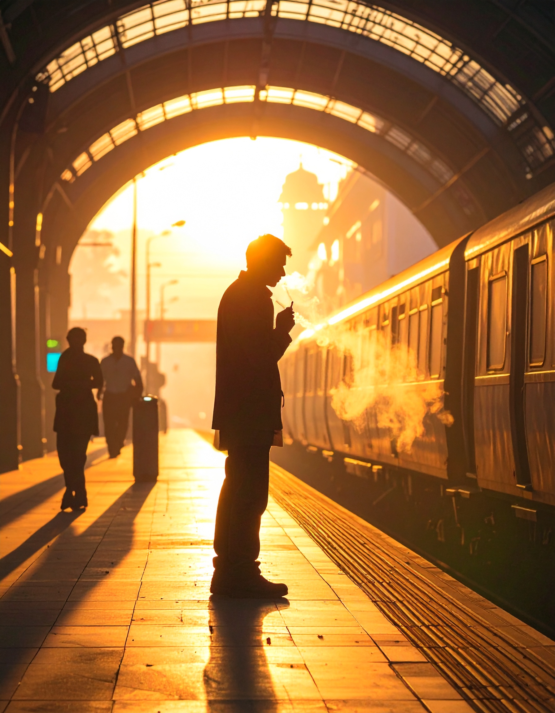A silhouette of a man smoking on a train platform at sunrise creates a dramatic scene