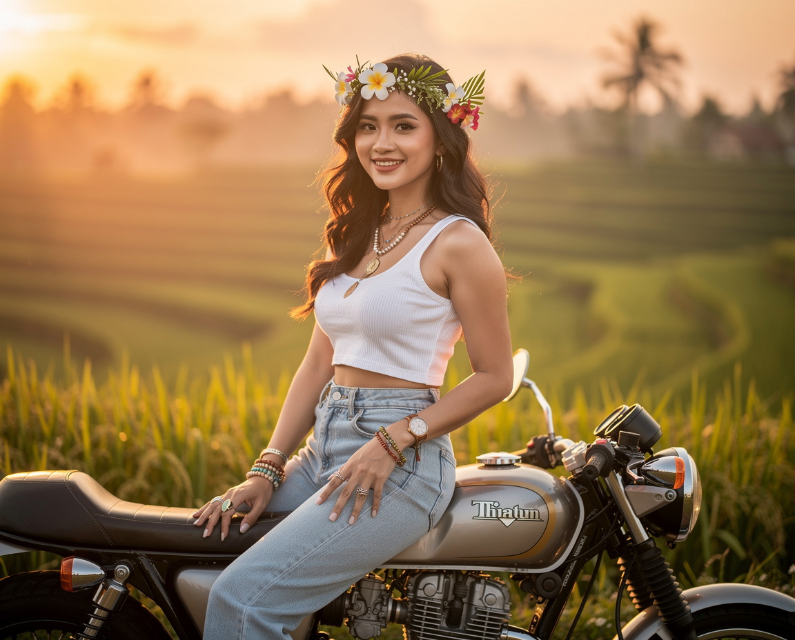 A woman sits confidently on a classic motorcycle in a lush green rice field at sunset