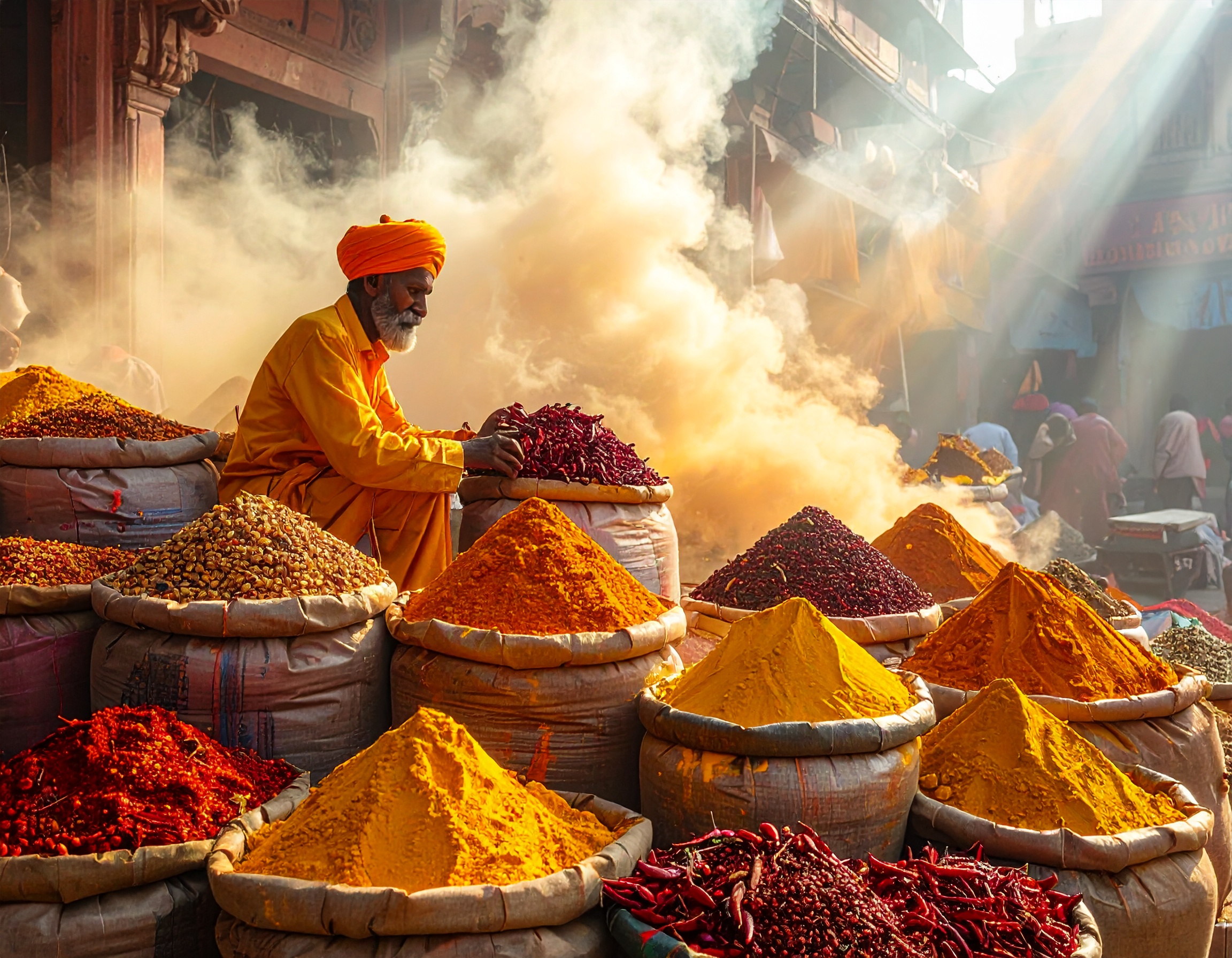 Vibrant spice market scene with colorful sacks of spices and a vendor in traditional attire