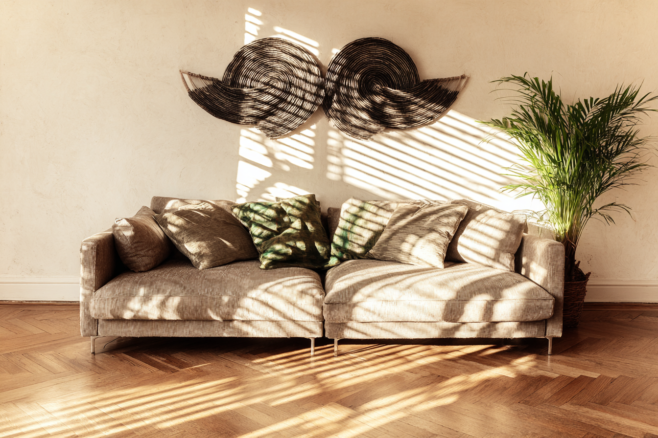 Sala de estar minimalista com sofá bege claro, almofadas em tons de verde, adornado por arte de parede circular escura. Luz solar filtrada cria padrões listrados no chão de madeira e nas almofadas, enquanto uma planta em vaso adiciona um toque de natureza ao ambiente. Composição harmoniosa com um toque moderno e atmosfera acolhedora.