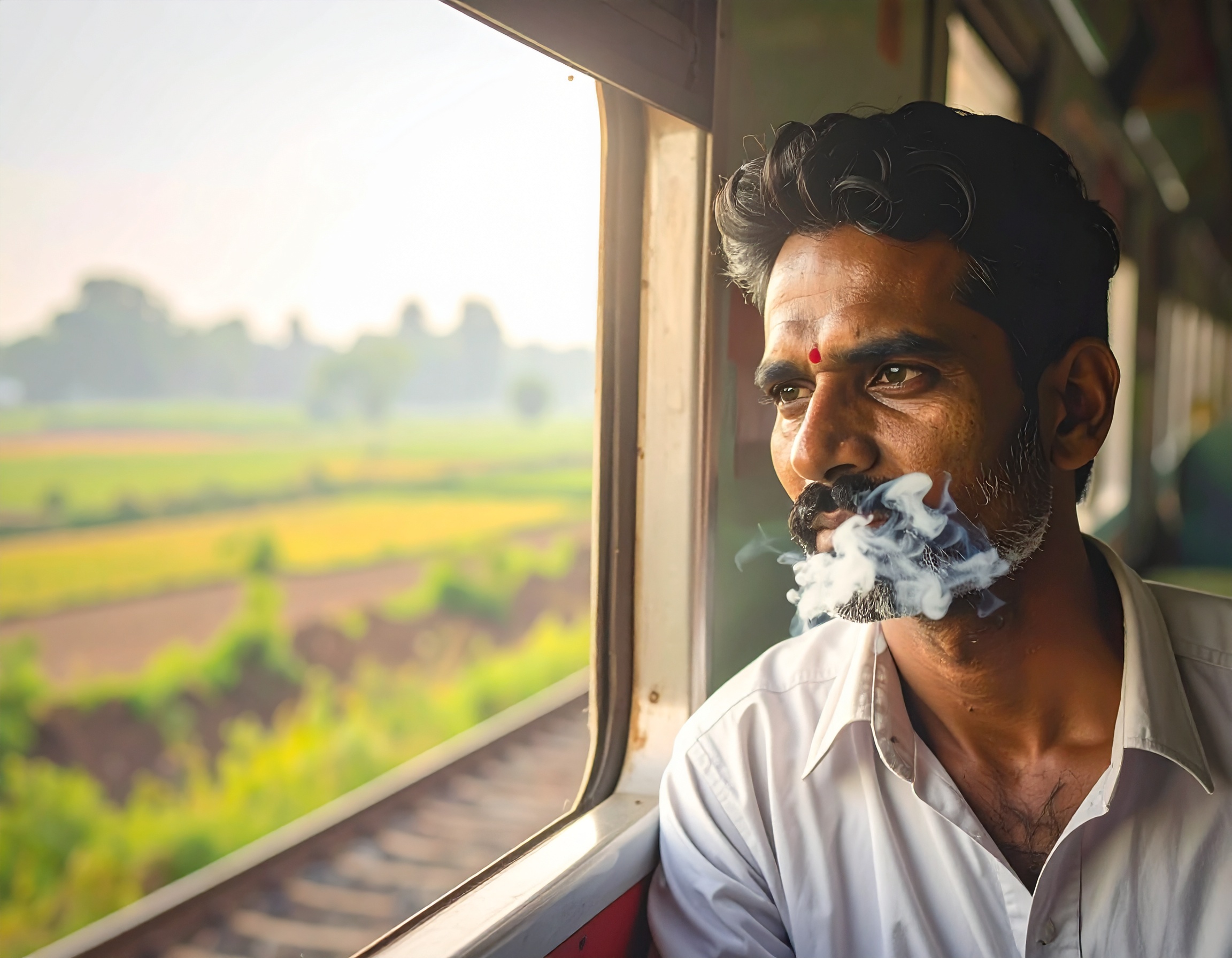 A man is gazing thoughtfully out of a train window with smoke curling from his mouth