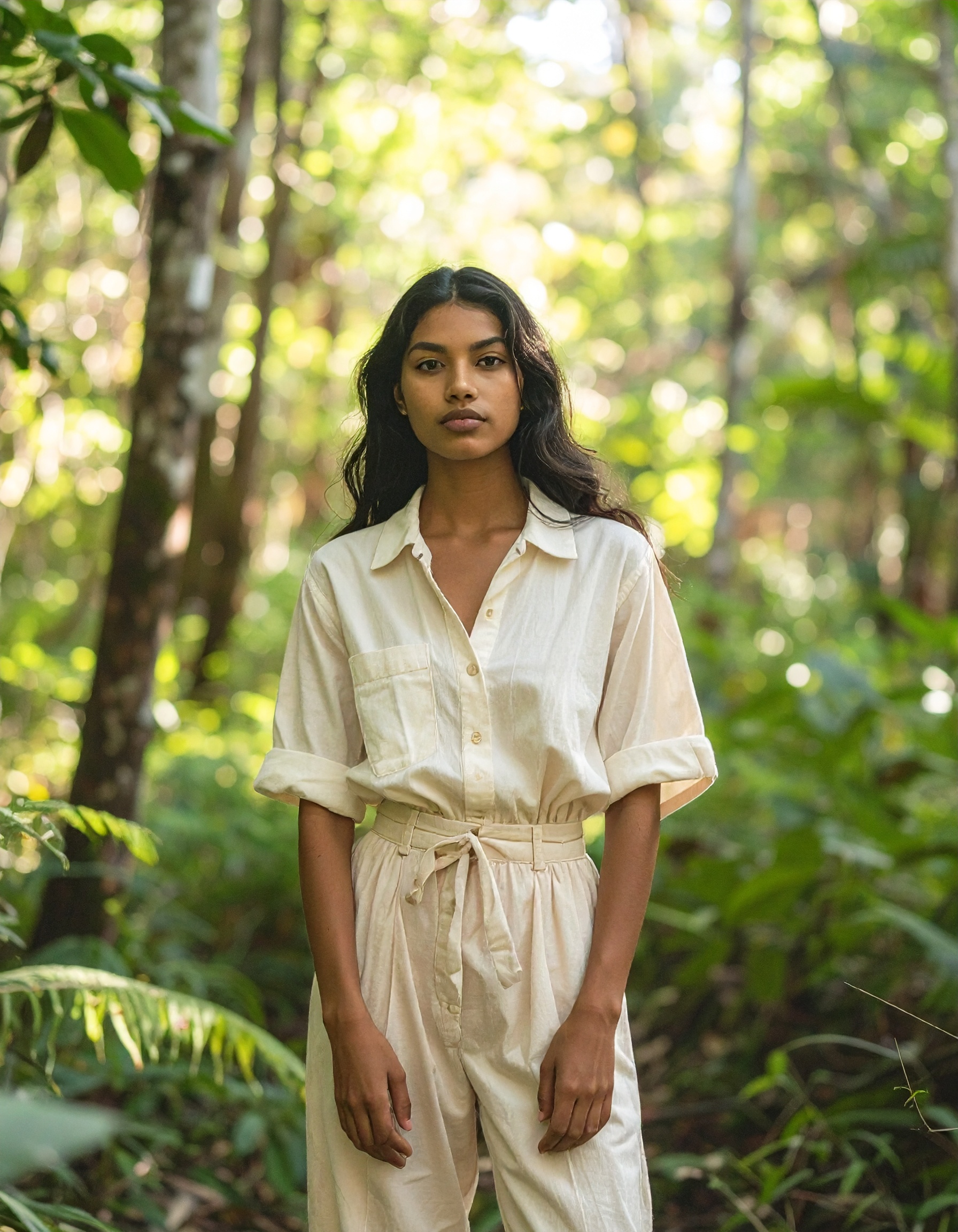A woman stands in a lush, green forest wearing a stylish, beige jumpsuit