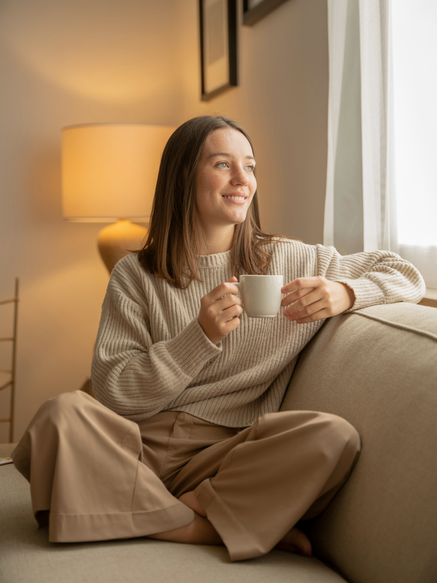 Mulher sentada em sofá bege, segurando uma xícara, com expressão serena. Luz suave entra pela janela, criando uma atmosfera acolhedora. A iluminação quente da luminária ao fundo complementa a cena, acentuando a sensação de conforto e tranquilidade. O ambiente é decorado de forma minimalista, com tons neutros predominantes.