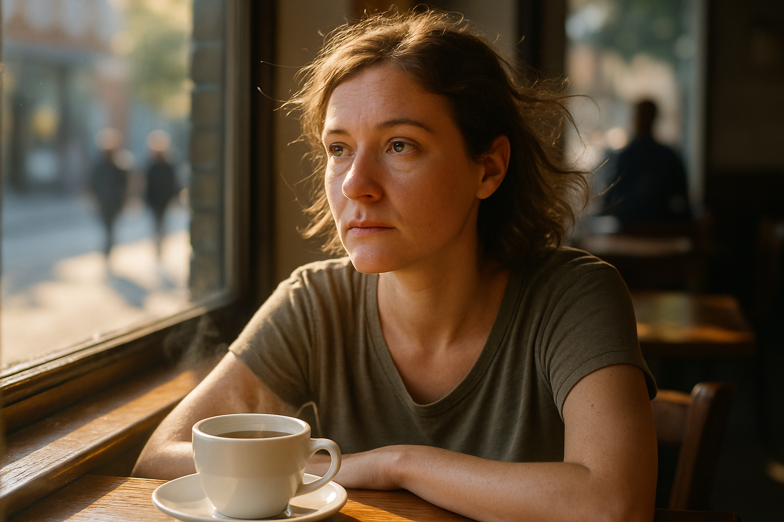 A imagem apresenta uma mulher sentada em um café, com luz suave iluminando seu rosto. Ela observa pela janela enquanto uma xícara de café está posicionada à sua frente em uma mesa de madeira. O ambiente é acolhedor, com elementos de madeira e uma iluminação quente que cria uma atmosfera tranquila.