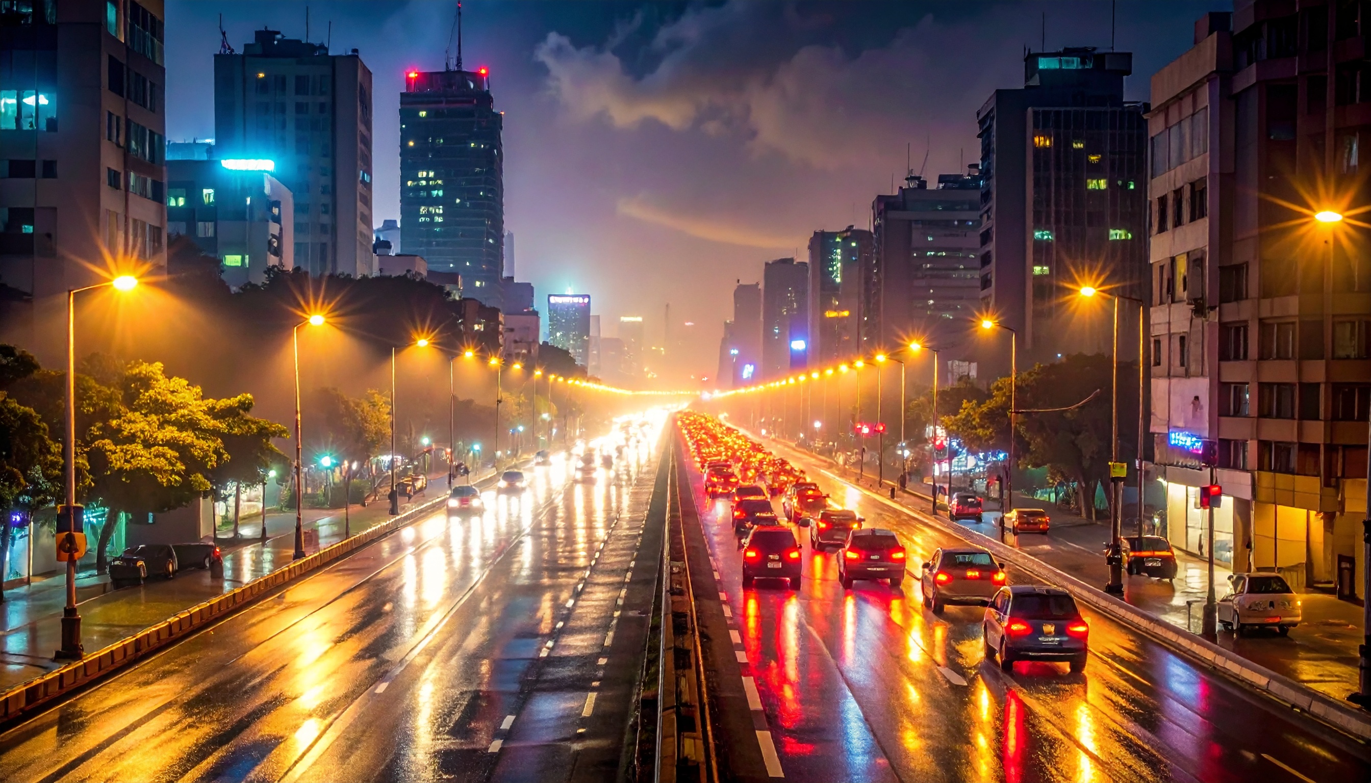 Illuminated city street bustling with traffic at night