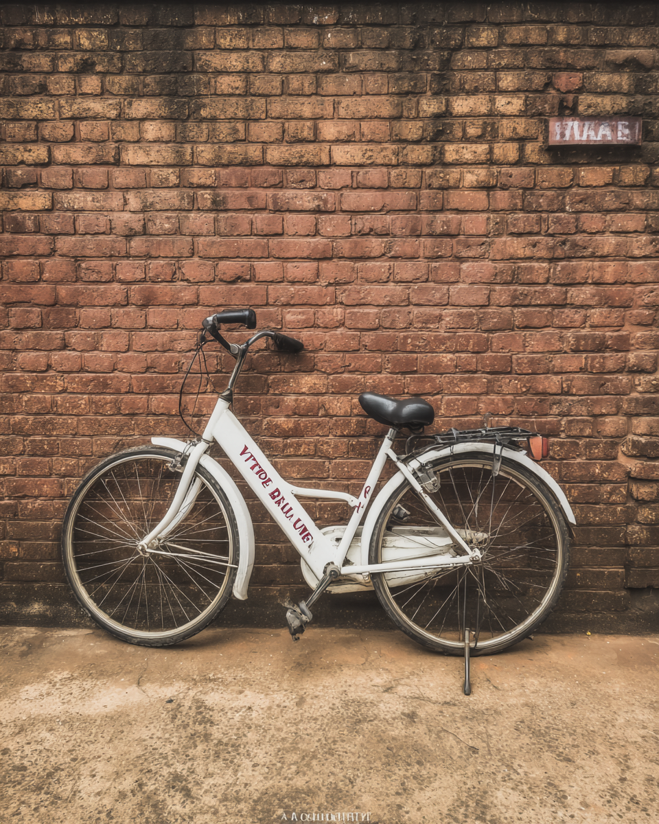 Uma bicicleta branca estacionada contra uma parede de tijolos avermelhados, criando um contraste de cores. A composição é minimalista, com foco nítido na bicicleta em primeiro plano e a textura da parede adicionando profundidade. A iluminação suave realça os detalhes das rodas e do quadro, enquanto a cena transmite uma sensação de tranquilidade urbana.