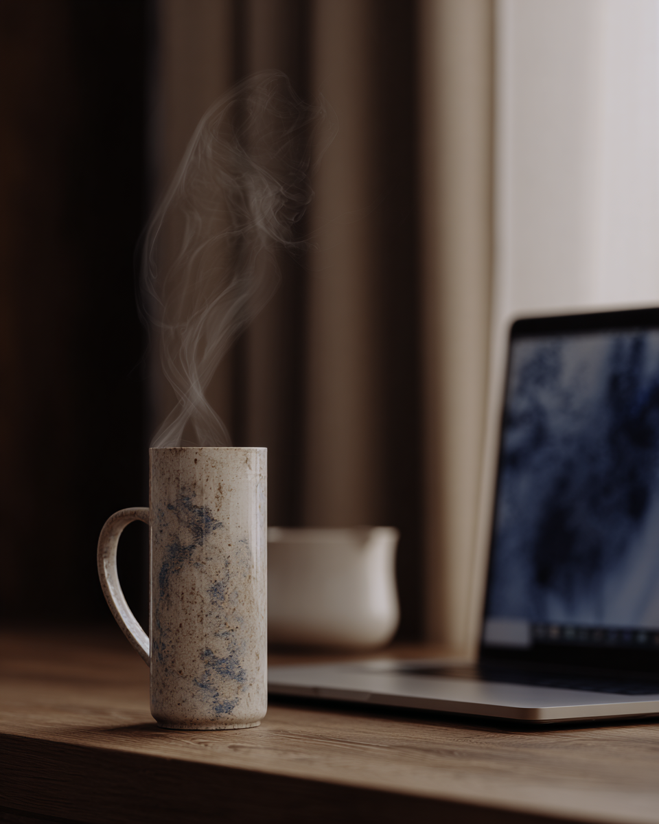 Caneca de cerâmica com textura marmorizada em tons de bege e azul, sobre mesa de madeira ao lado de um laptop. Fumaça sutil sugere bebida quente, com cortina bege ao fundo criando atmosfera acolhedora.