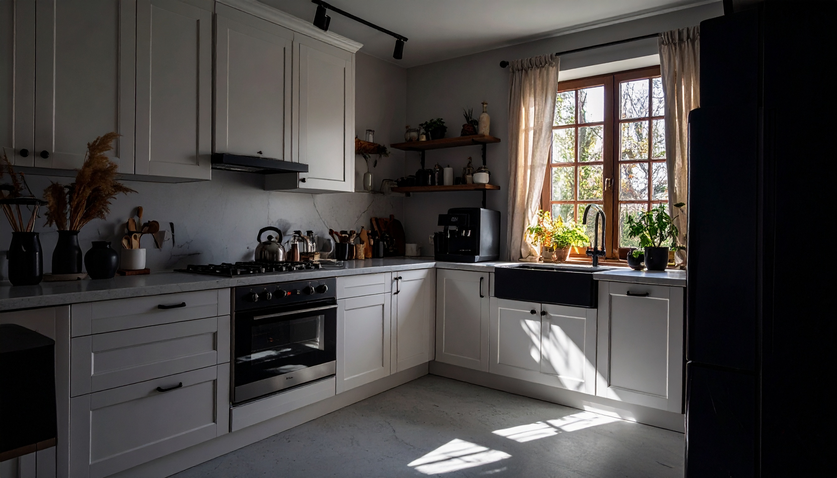 Cozinha moderna com armários brancos e eletrodomésticos em aço inoxidável, iluminada pela luz natural que entra pela janela. A decoração inclui plantas e utensílios organizados, criando um ambiente acolhedor e funcional. A composição é equilibrada, com sombras suaves e foco em detalhes como a chaleira metálica e as cortinas leves.